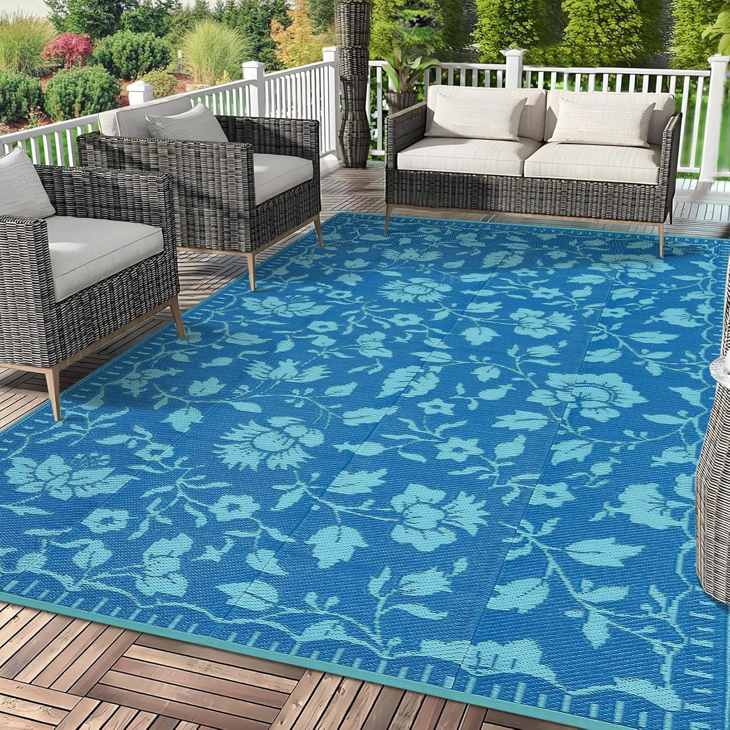Outdoor Rug 5x8 Waterproof Patio Rugs 风格 Reversible Mat for Front Door Rv Floral Print Foldable Plastic Straw Carpet for Travel Trailers, Deck, Porch, Camper, Balcony, Beach，Green Blue