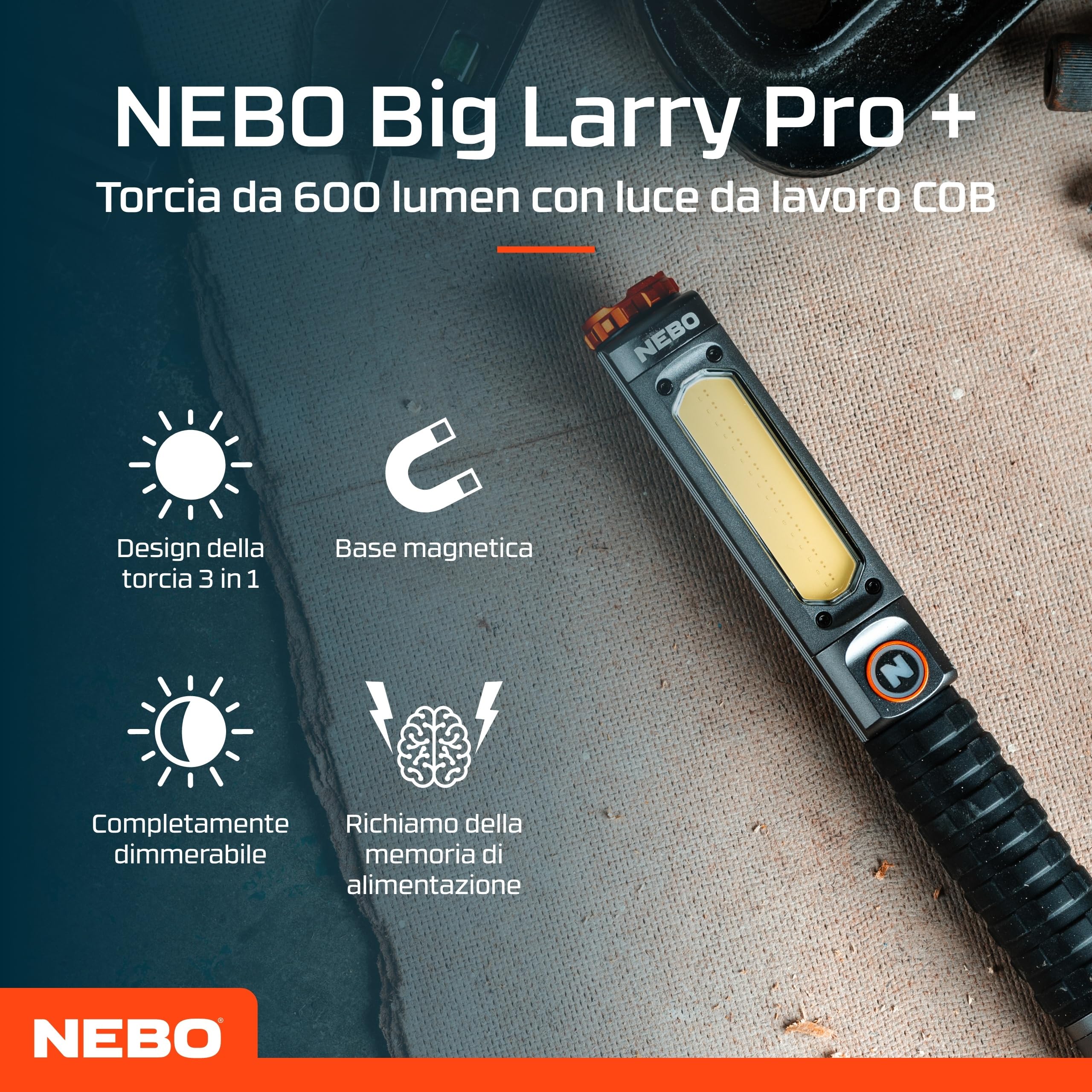 NEBO Big Larry Pro Plus - Torcia LED Potente Professionale da 600 lumen - Con luce da lavoro COB - Base magnetica con clip da tasca per illuminazione a mani libere,Nero
