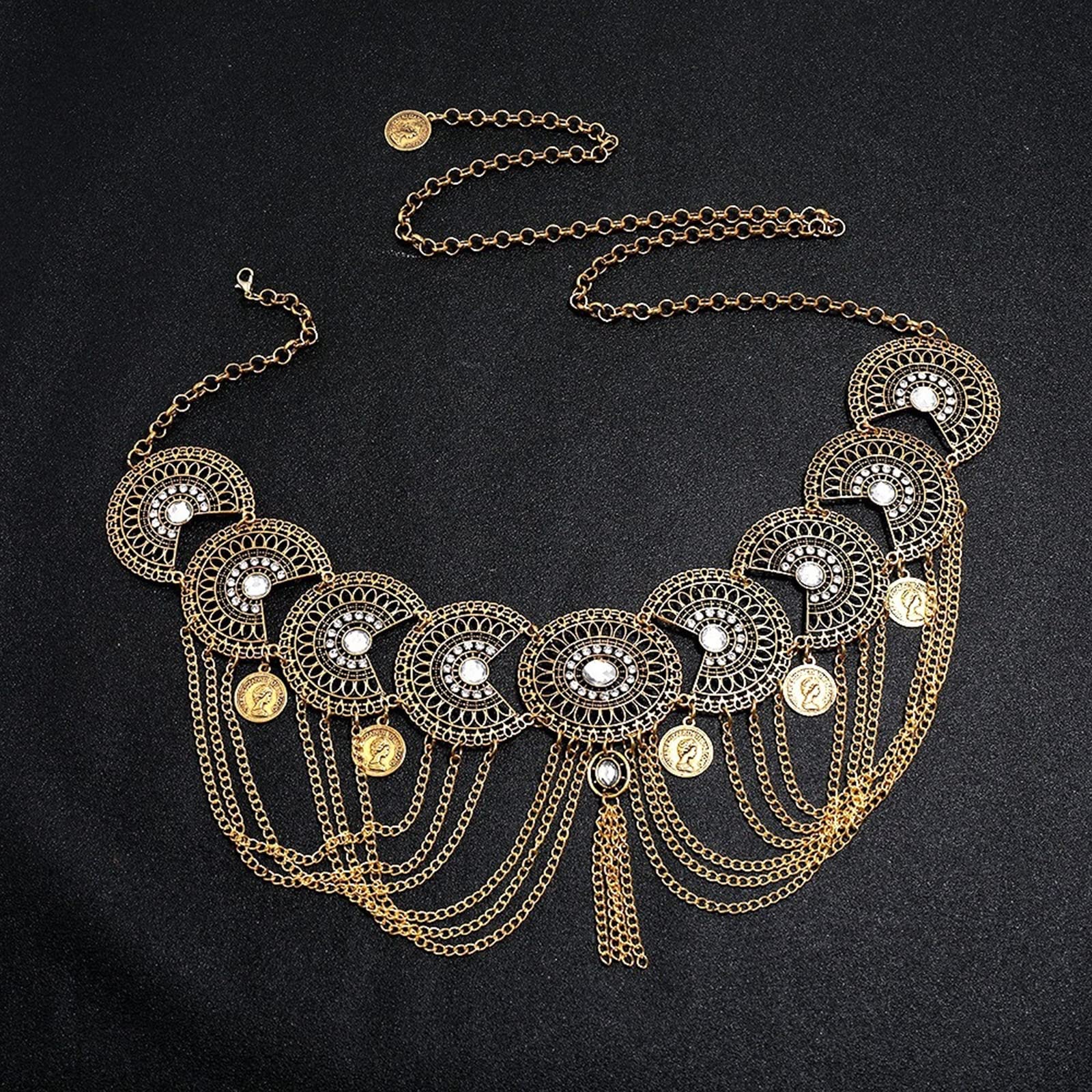 RWRAPS Damen Bauch Taille Kette Tanzgürtel Strandgürtel Böhmische Körperkette Retro Münze Quaste Gürtel Bauchschmuck Damen Accessoires, Gold (Gold)