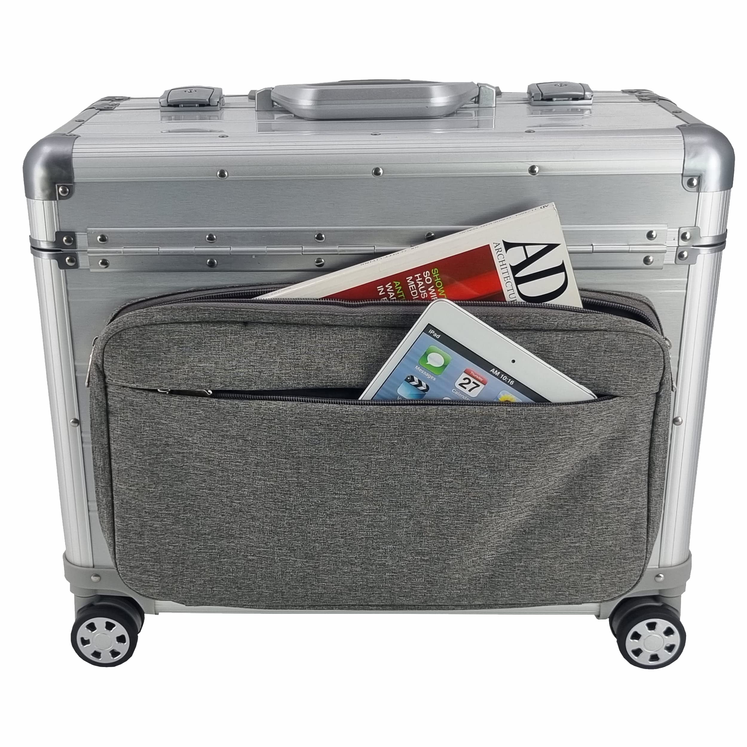 SONOVO Pilotenkoffer mit Vortasche mit Rollen mit Trolley Aluminium in Silber 45178 | Alukoffer, Aktenkoffer, Businesskoffer | Für den täglichen Geschäftseinsatz und für Kundentermine