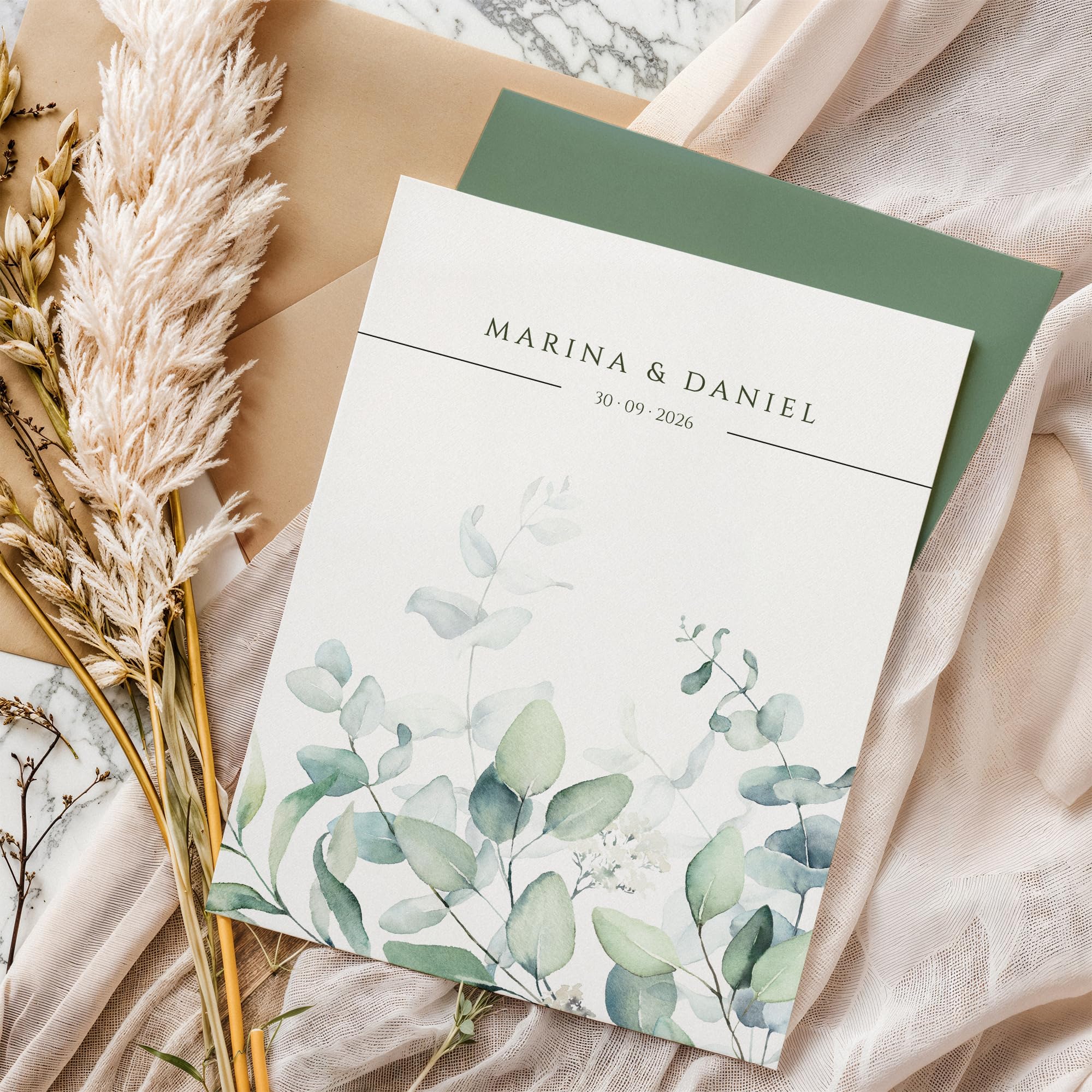 Invitaciones de Boda Personalizadas | Invitaciones de Boda Perfectas con Sobres Elegantes y únicos - Detalles para Invitados Eventos Especiales y Ceremonias Únicas - ONEPERSONAL (Eucalipto)
