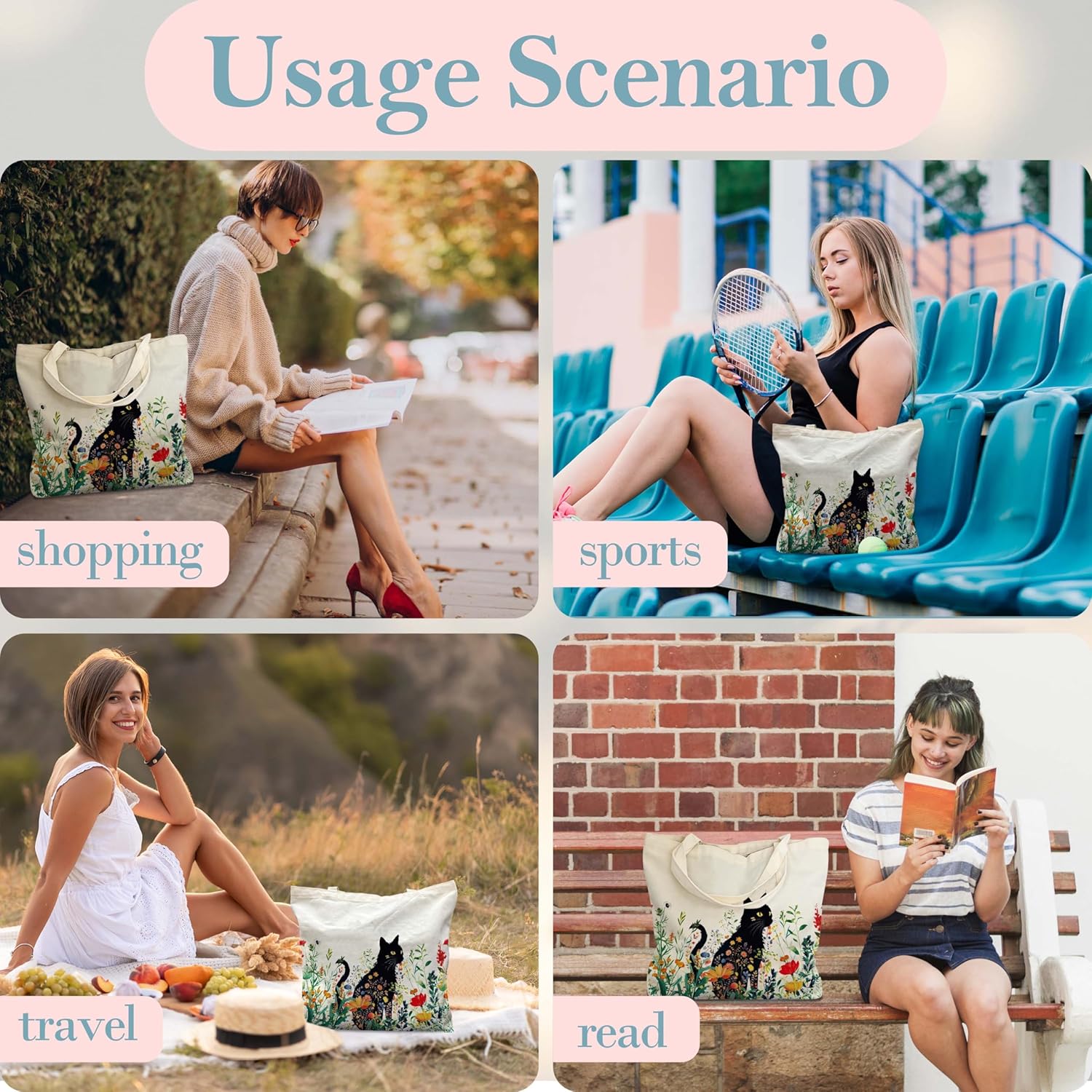 Canvas Tote Bag, Book Tote Bag, Floral Tote Bag, Black Cat Tote, Funny Tote Bag, Library Tote, Reusable Grocery Shopping Bag, Library Shoulder Bag For Women Man Friends B(07) - Image 4