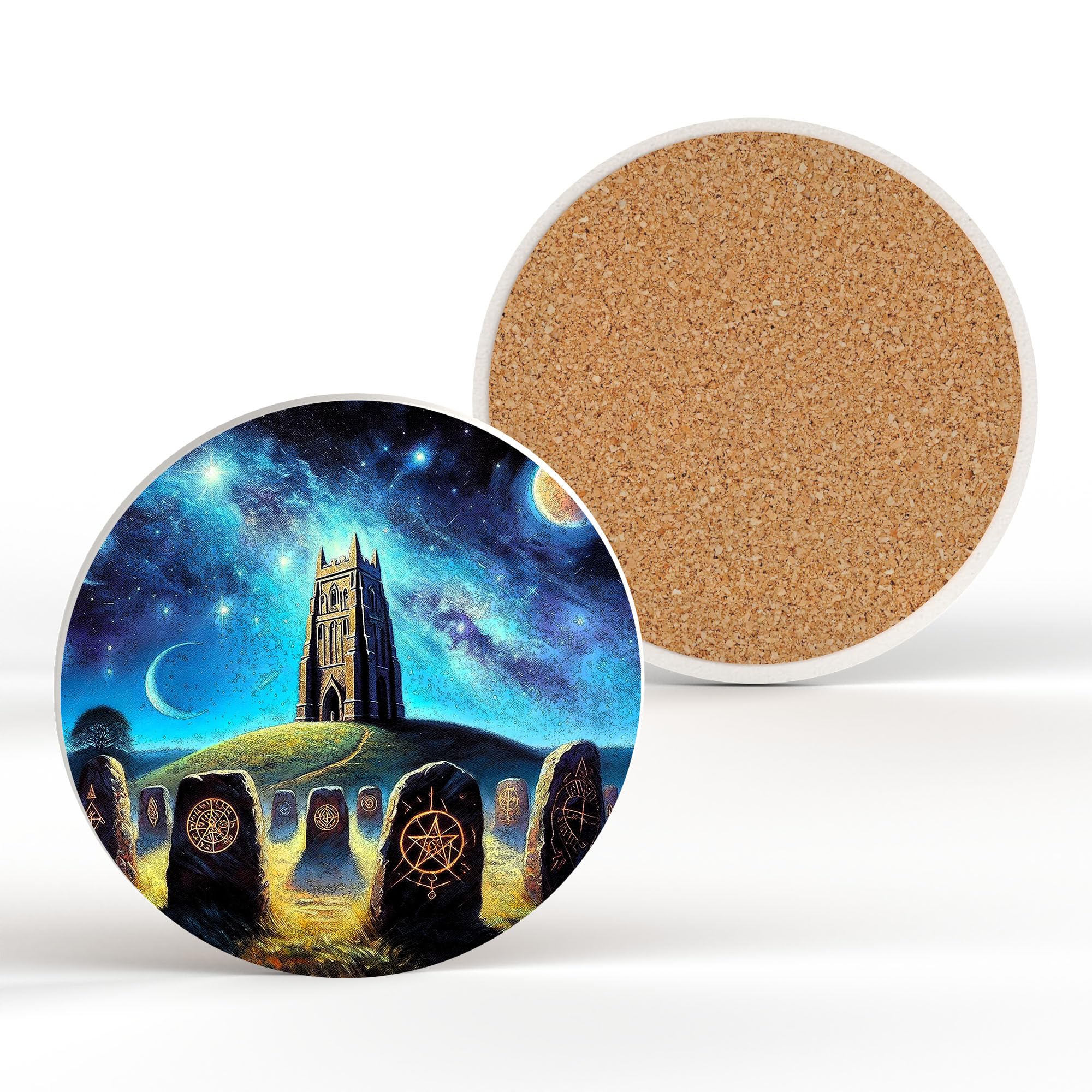 Glastonbury Tor At Rune Spiritual Artwork On Ceramic Round Coaster