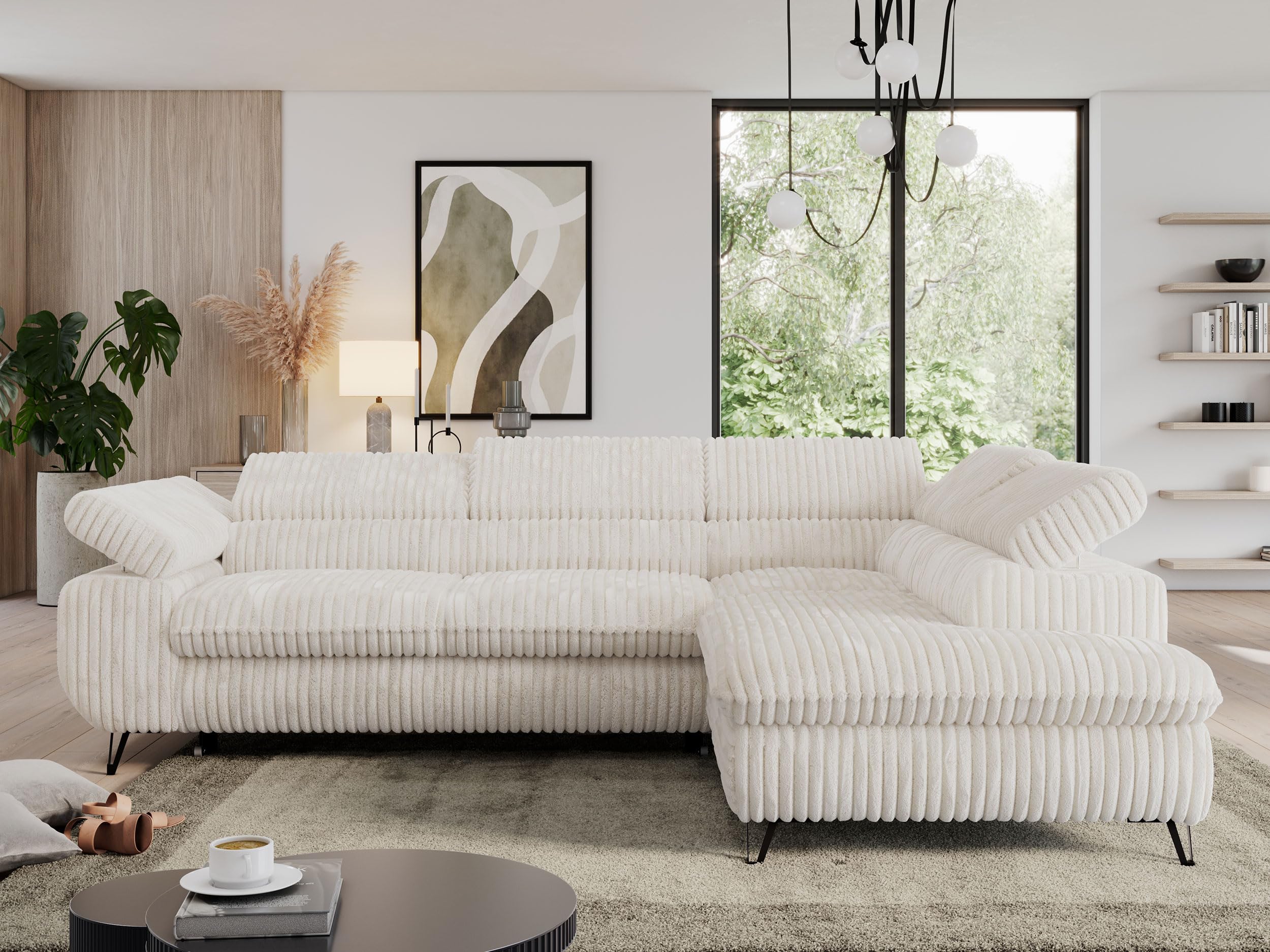 MKS MEBLE Cord Sofa L, Wohnlandschaft L-Form mit Schlaffunktion und Bettkasten, Schlafsofa mit Bettkasten, Ecksofa, Sofa mit Einstellbare Kopfstützen, Pedro L - Beige Cord