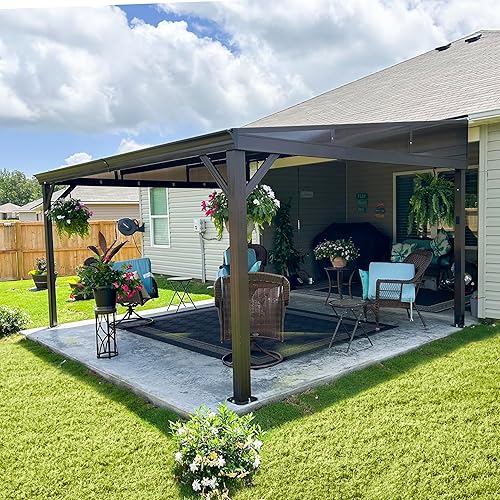 Miniatura 2 de Domi 10x12 pies Gazebo de Apoyo, Cenador de Techo Duro Montado en Pared con Techo de Acero Galvanizado Inclinado, Pérgola de Pared con Marco de