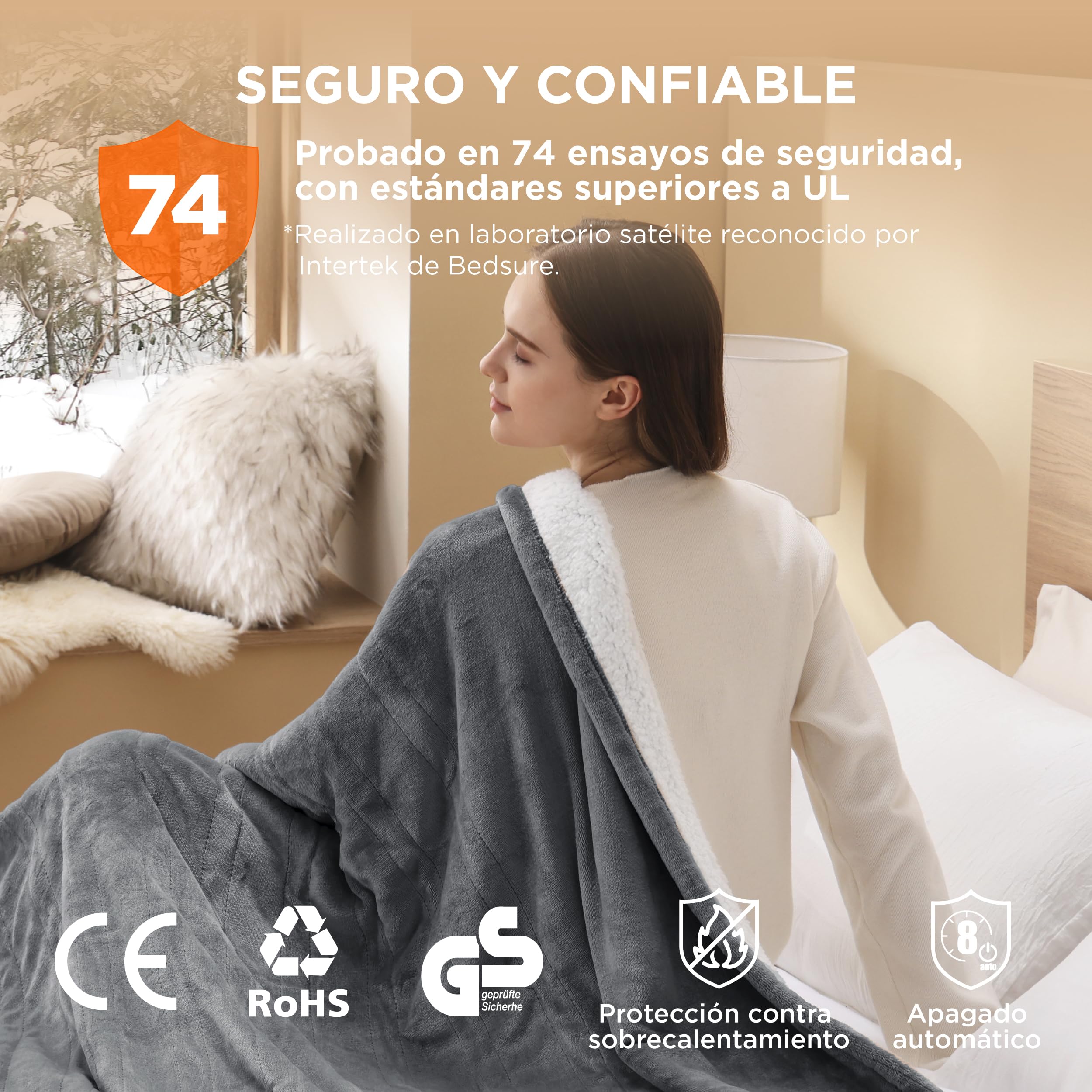 Bedsure Mantita eléctrica 130x180cm, Apagado automático, 6 Niveles de Calor, Temporizador 10h, protección sobrecalentamiento 8h, acogedora para hogar & Oficina, Gris