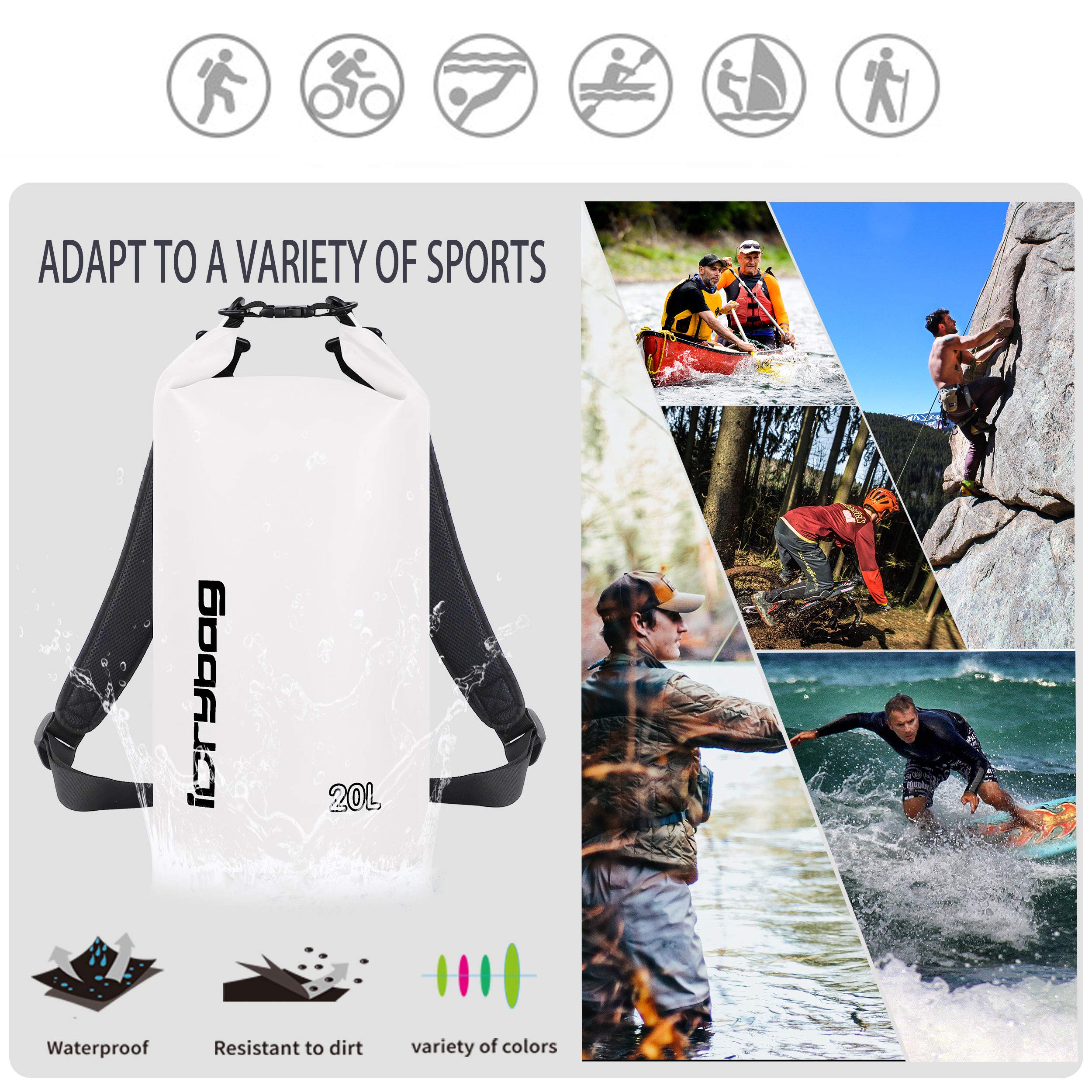 IDRYBAG Sacca Impermeabile per Kayak Impermeabili 2L/5L/10L/15L/20L/30L/40L, Sacchetto Impermeabile Piccolo che Galleggia, Sacca Impermeabile per Paddleboarding e Viaggi