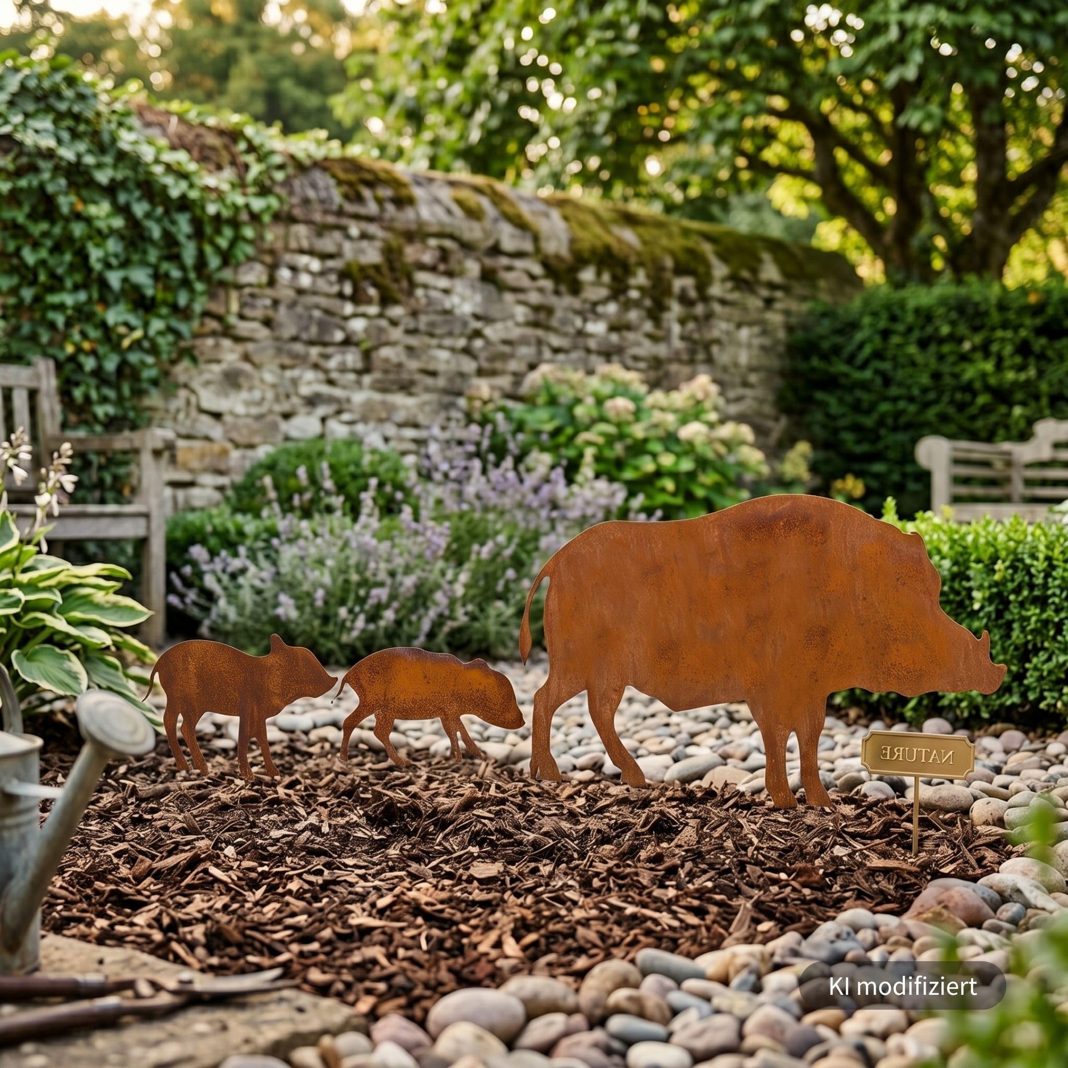 Storm's Gartenzaubereien Gartenstecker Wildschwein Figuren 1 großes Schwein und 2 kleine Ferkel in Rostoptik 46xH28cm