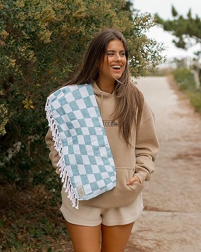 Miniatura 7 de Teema Toalla de playa turca grande  100% algodón turco  Sin arena  Secado rápido  Versátil y multiusos  The Checkmate (Aqua)