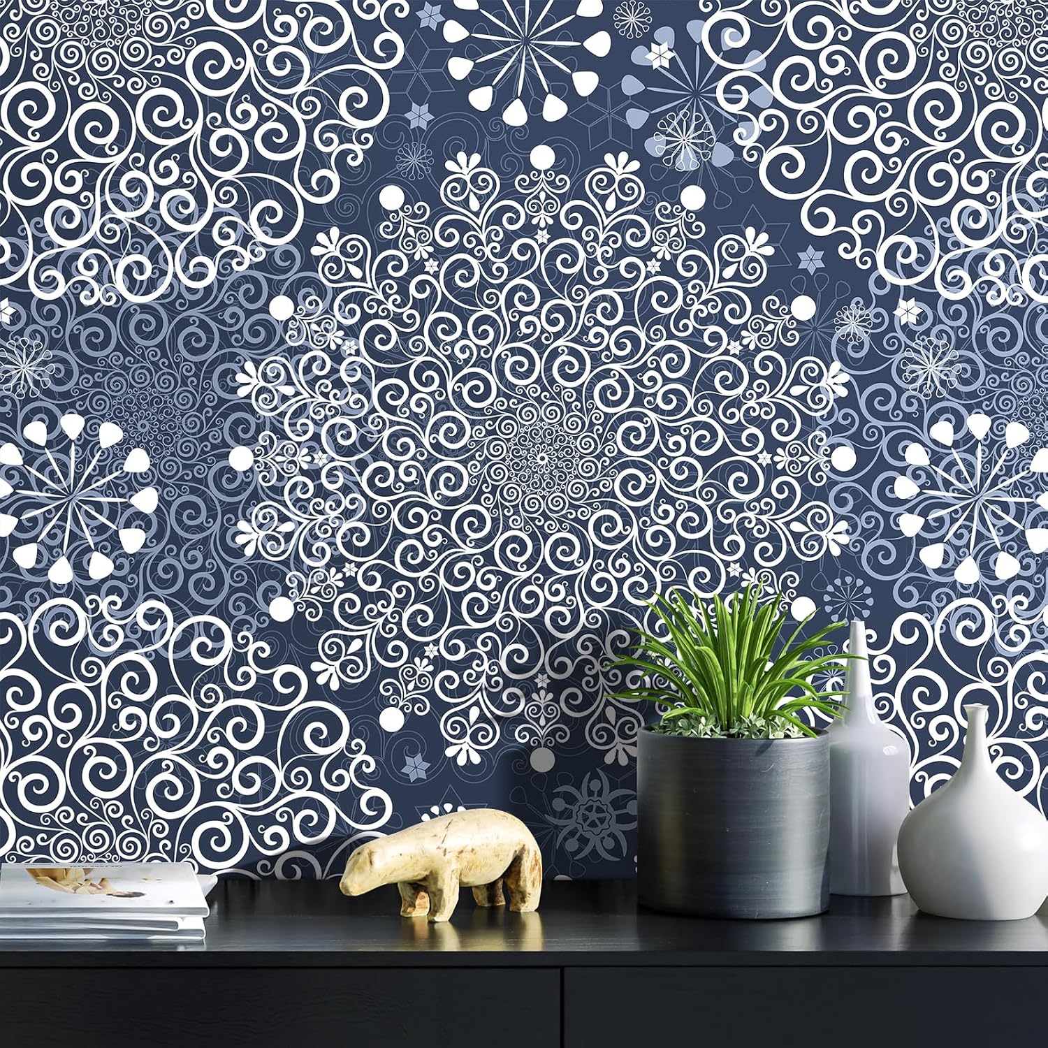 Large Snowflakes Wallpaper Blue and White Peel and Stick Wallpaper for Bedroom Bathroom Removable Boho Wall Murals Vintage Christmas Wall Decor Contact Paper for Cabinets Drawers 17.5"x80"