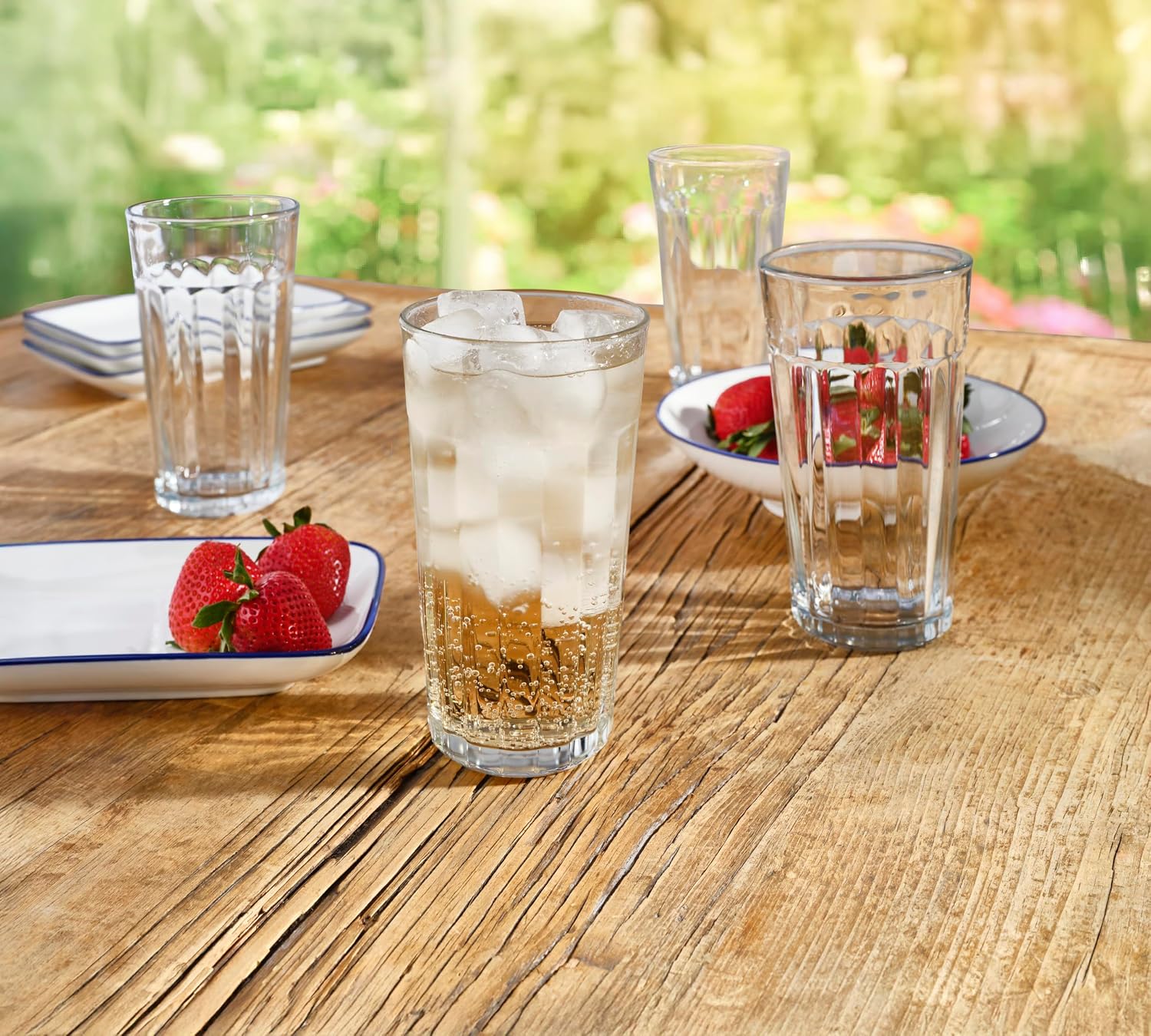 Mikasa Mable Highball Glasses Set of 6, 16 oz Clear Glass Drinkware with Vertical Line Pattern, Elegant Cocktail and Everyday Beverage Glasses, Dishwasher Safe