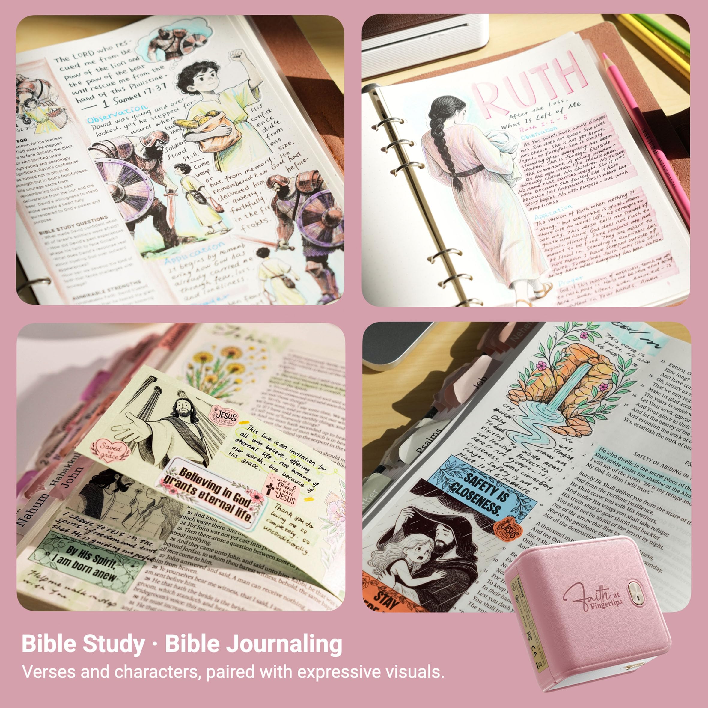 Suministros de diario de estudio bíblico rosa, kit de mini impresora de calcomanías F21, regalos cristianos para mujeres, hombres, adolescentes, niñas, niños, confirmación, bautizos