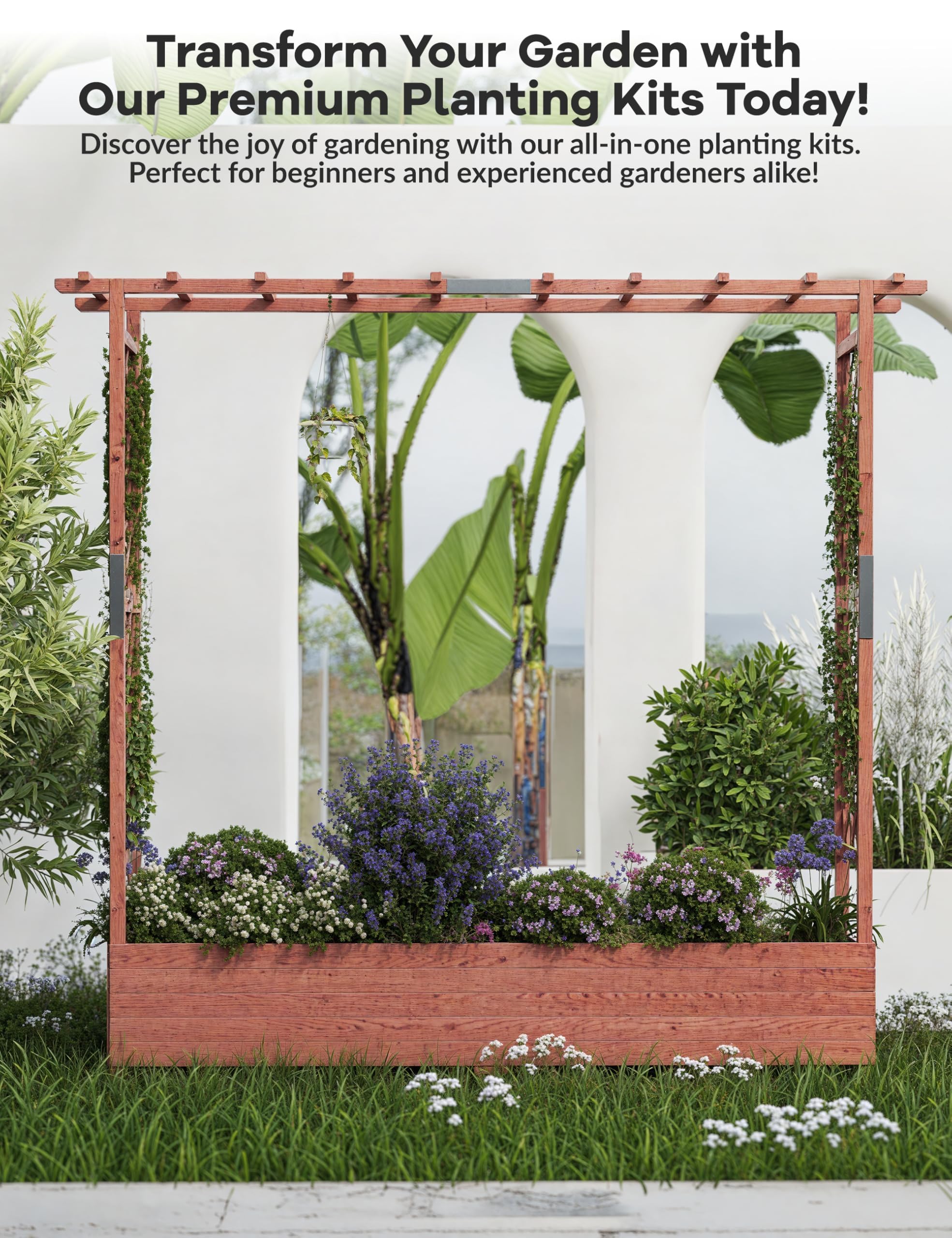 Acekool Jardinera Independiente para Plantas Trepadoras, Flores y Hierbas Aromáticas, con Enrejado, Cubierta, Soportes Laterales y Orificios De Drenaje, para Terrazas, Balcones y Jardines