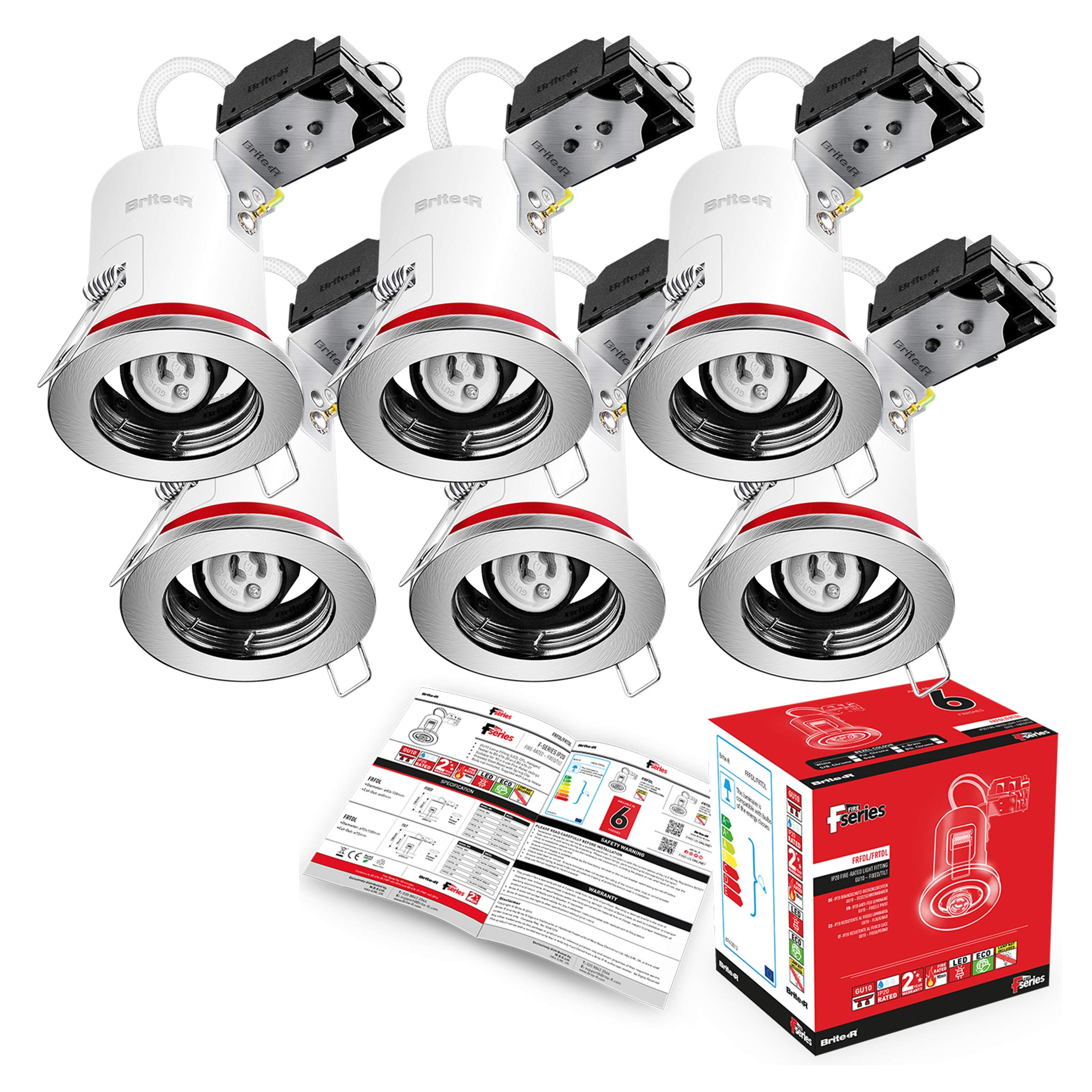 6X GU10 Fire Rated Fixed Downlight Satin Chrome Brite-R LED Spotlight  Recessed Ceiling Light Fitting Pressed Steel IP20 Rated Halogen Compatible  CE