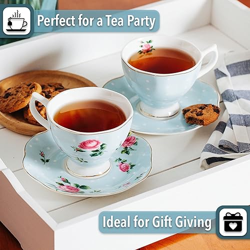 Miniatura 6 de BTaT- Juego de 2 tazas de té y platillos florales, 8 onzas, con borde dorado, tazas de café, juego de tazas de té floral, tazas de té británicas,