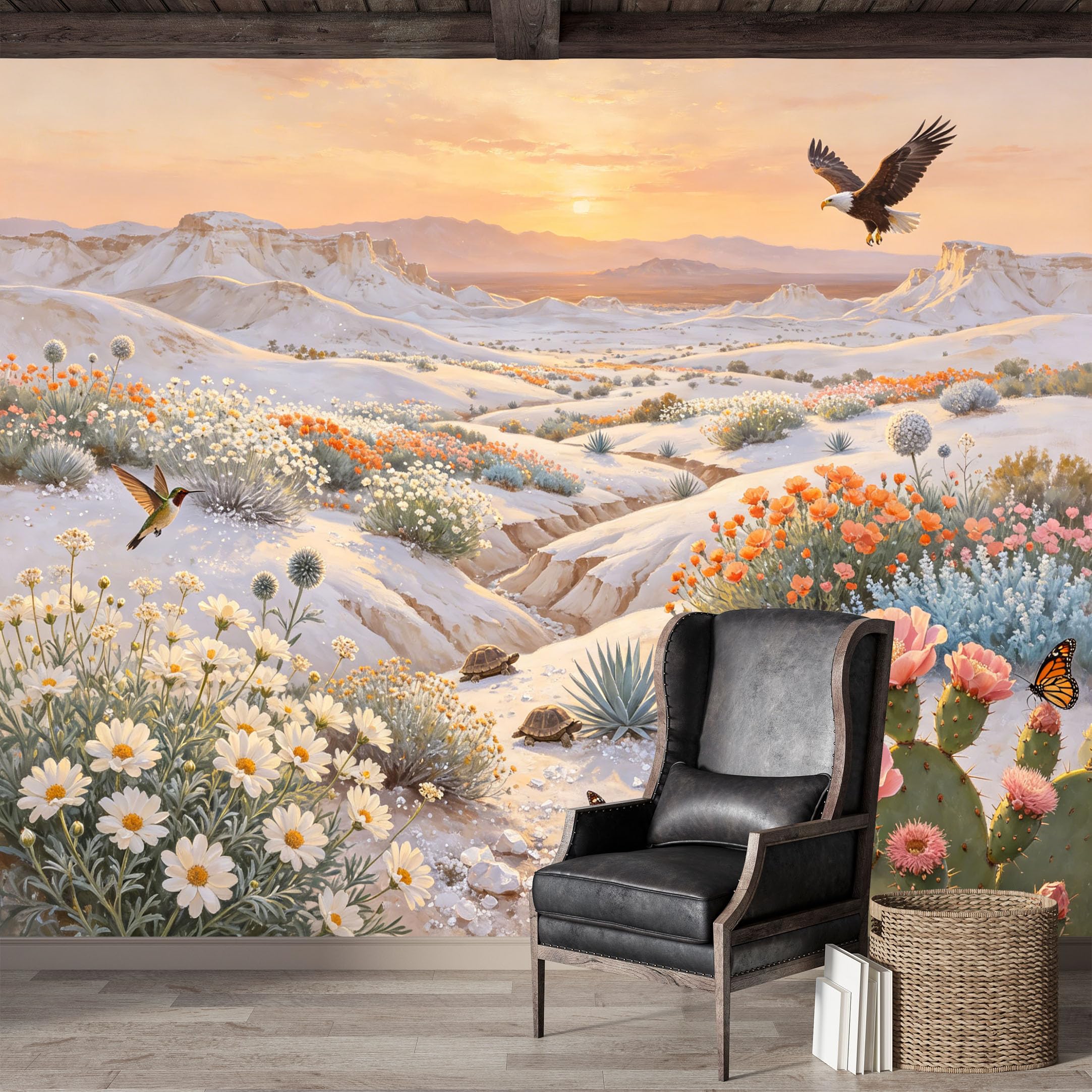 Custom Size Wall Mural,Desert Wildflower Landscape Eagle Watercolor Premium Water Activated SelfAdhesive Wallpaper,Removable Wall Covering,Easy DIY Install Wall Art for Indoor Home Decor