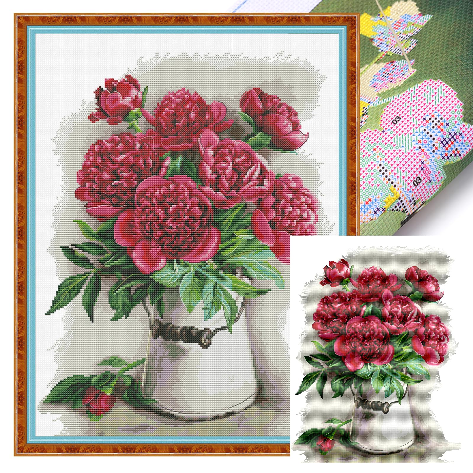 POETRYDRAW Red Peonies Partial 14CT 2 Strands DIY Stamped Cross Stitch Kits 34x47cm Embroidery Needlepoint Starter Kit for Beginners Adults Home Wall Decor (HA318)