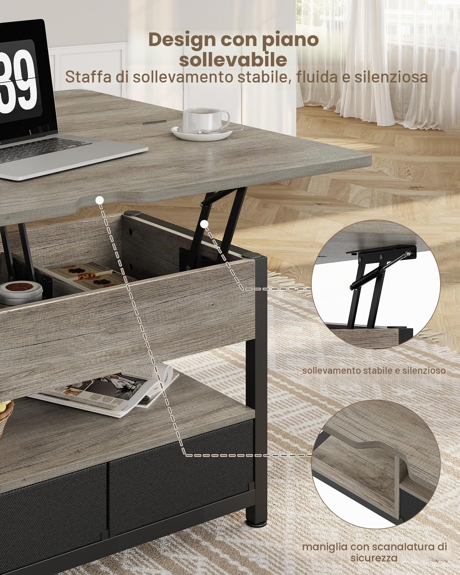 Tavolino Salotto,Tavolino da caffè Regolabile in Altezza, 3 in 1 Multifunzionale, con Vano Nascosto, Tavolino da Caffè con Cassetto, il Tavolino si Lascia in un Tavolo da Pranzo per Soggiorno, Grigio
