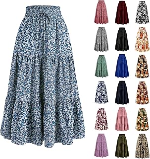 midelxp Boho Long Skirts for Women Summer Flowy Pleated A Line Floral Maxi Skirt Y2k Comfy Tiered Elastic High Waisted Skirts