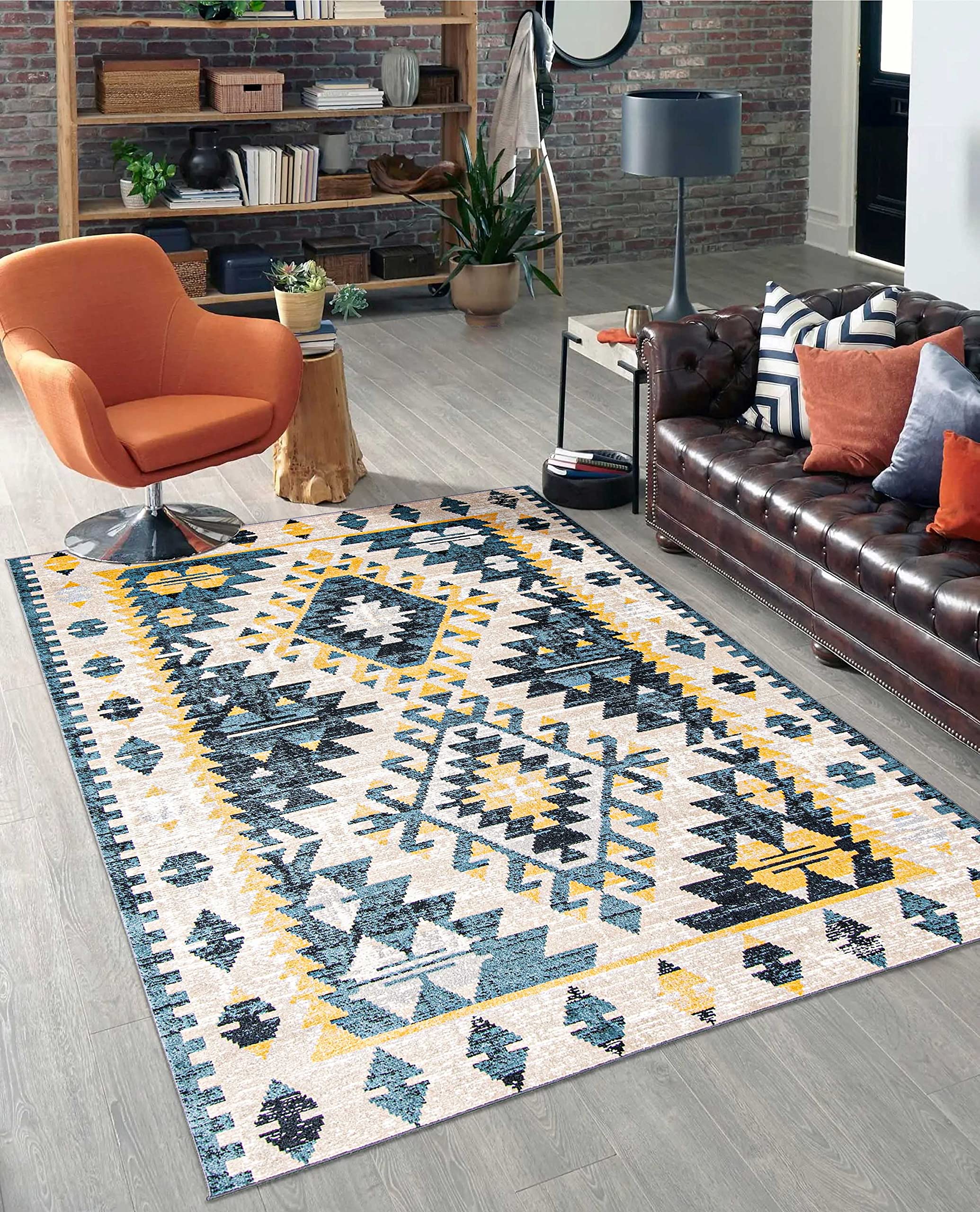 ECARPETGALLERY Machine Washable Area Rug for Living Room Bedroom Turkish Tribal 3x5 Taupe Blue Carpet, 367957