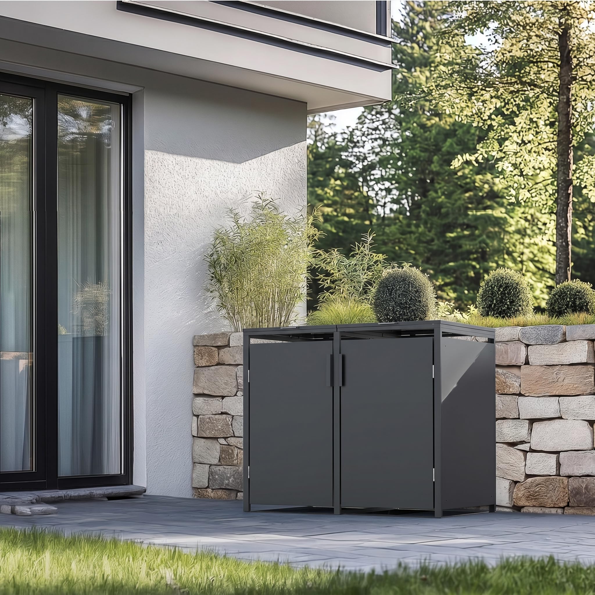 SMARTBOX 2er Mülltonnenbox für 120 l in Anthrazit - Premium Verkleidung Wetterfest & Korrosionsbeständig - Storage Cabinet Möbelschrank mit Gasdruckdämpfer Soft-Close Deckelseilzug Magnetverschluss