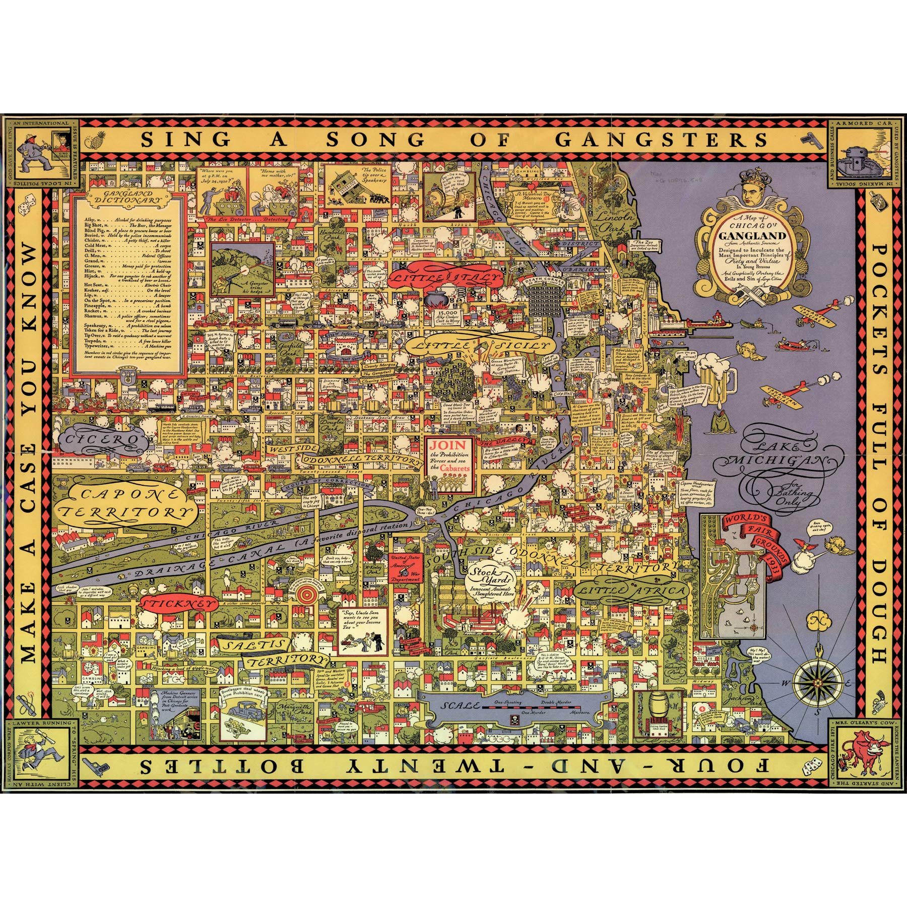 Erickson 1931 Map Chicago Gangland Capone Large Wall Art Print Canvas Premium Mural
