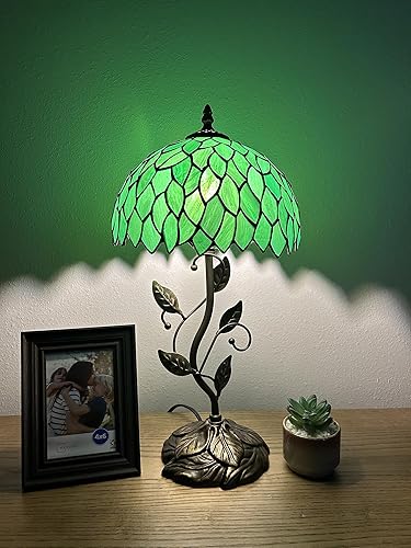 Tiffany Lámpara de mesa con hojas verdes, vitral, hierro, hojas de metal, base de bronce, bombilla LED incluida para sala de estar, dormitorio, disponible en Yaxa Costa Rica