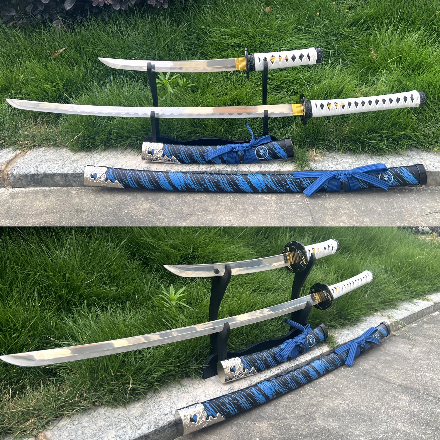 2pc Japanese Ghost of Tsushima Cosplay Replica Sword Metal Katana Set with Display Stand,Jin Sakai‌‌ Katana,for Cosplay,Collection,Display