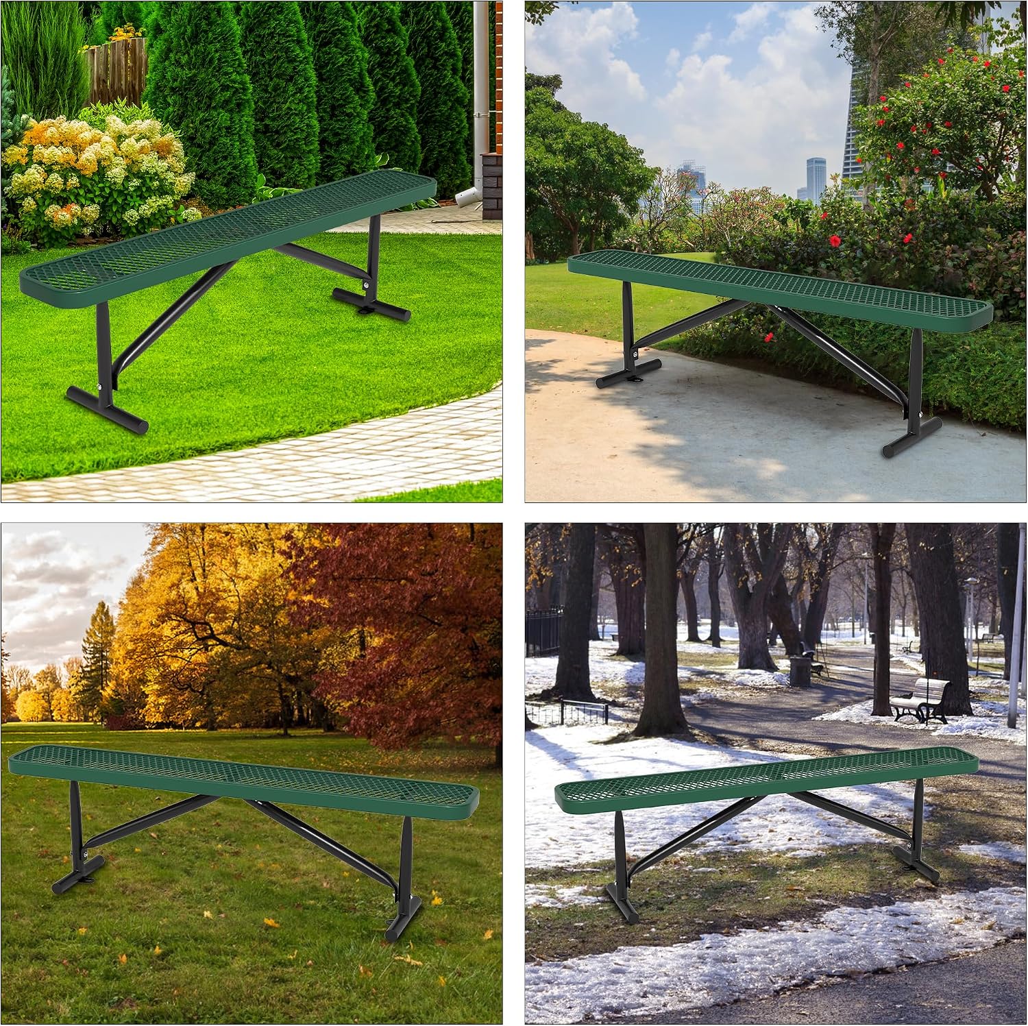 6ft Outdoor Metal Park Bench, 72" L Green Backless Bench Weatherproof Porch Furniture Patio Seating, Commercial Heavy Duty Bench for Outside, Lawn, Backyard, Park, Deck, Garden, Patio, School