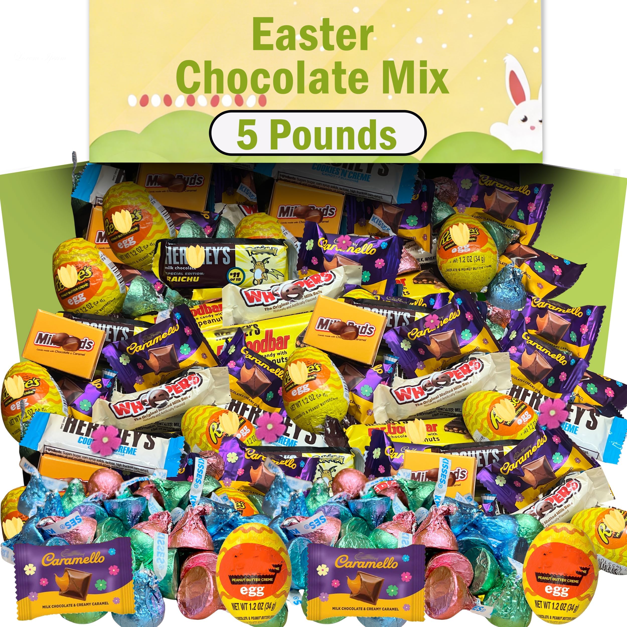 Easter Chocolate Candy Mix, Bulk 5 Lbs, Individually Wrapped Easter Candy Assortment, Variety of Spring Themed Milk Chocolate Bars and Miniatures, for Egg Hunts, Basket Stuffers, Easter Chocolate Gift Box