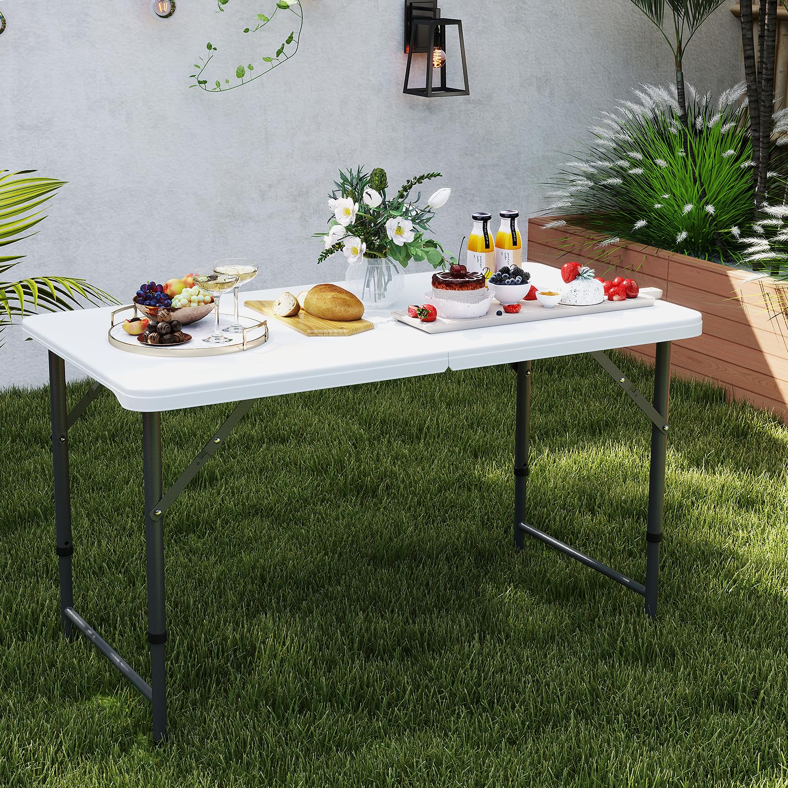KOMFOTTEU Tavolo Pieghevole Regolabile in Altezza，122 x 61 x 50/62/74 cm | Tavolo da Campeggio, Picnic Richiudibile e Portatile con Maniglia di Trasporto, in HDPE, Telaio in Ferro, Bianco