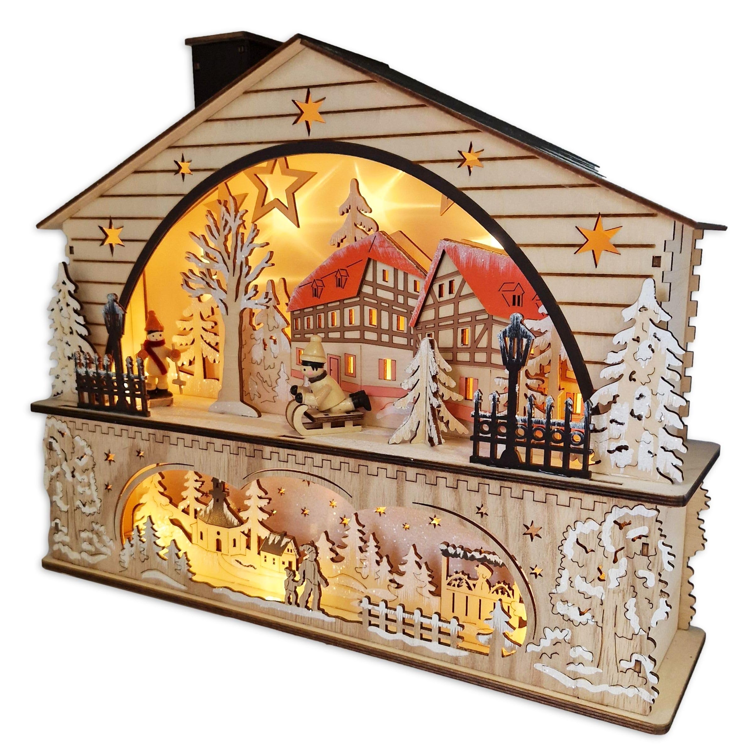 Wichtelstube-Kollektion Weihnachts-Dorf aus Echtholz, beleuchtete Weihnachtsdekoration für Innen Lichterbogen für Weihnachten, Weihnachtsdekoration, Holz, Handgefertigt mit 3D Effekt und Hologramm