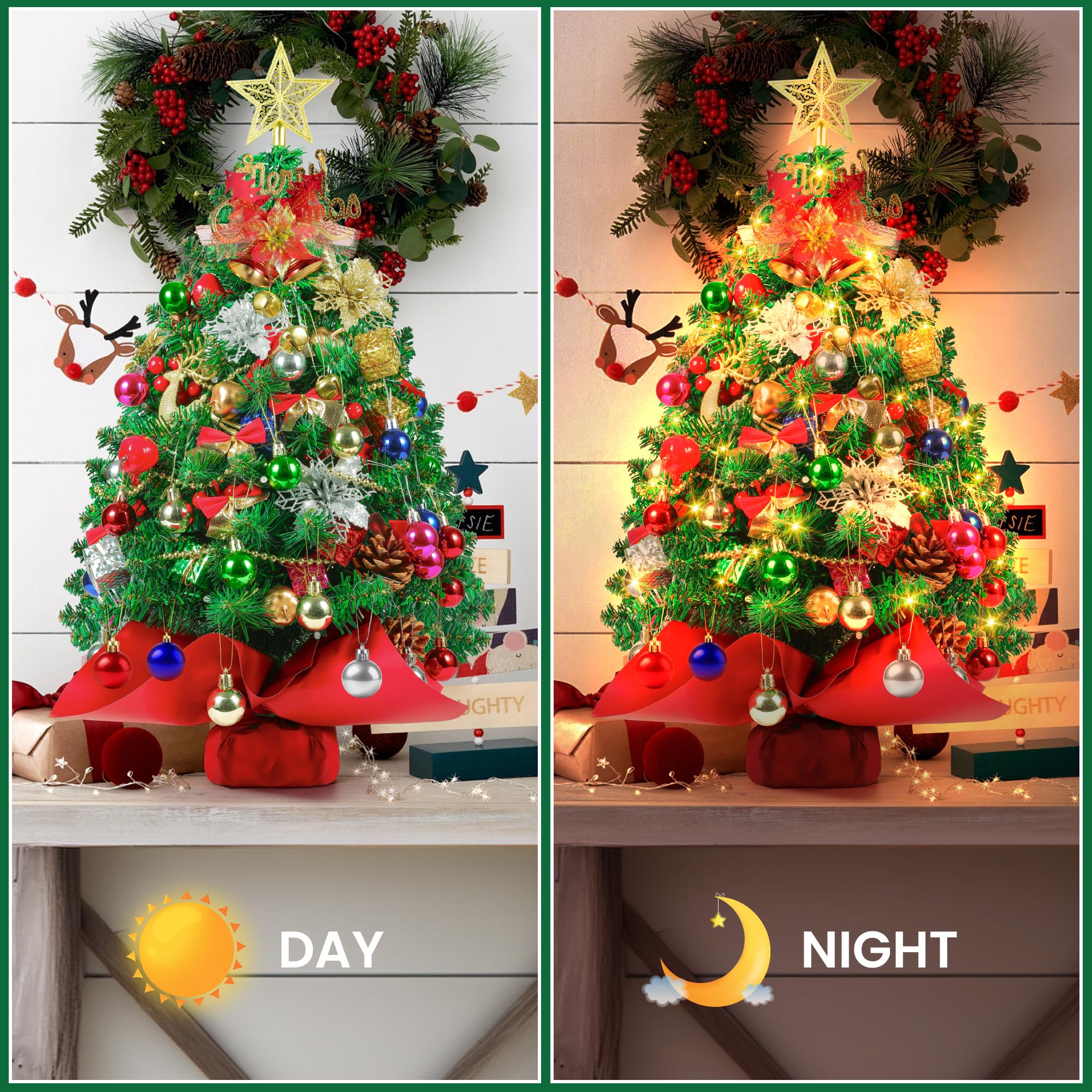 Mini sapin de Noël artificiel de table de 0,6 m avec 60 lumières LED, petit sapin de Noël pré-éclairé, 100 branches, 80 ornements, décoration de table de Noël d'intérieur pour fête à la maison