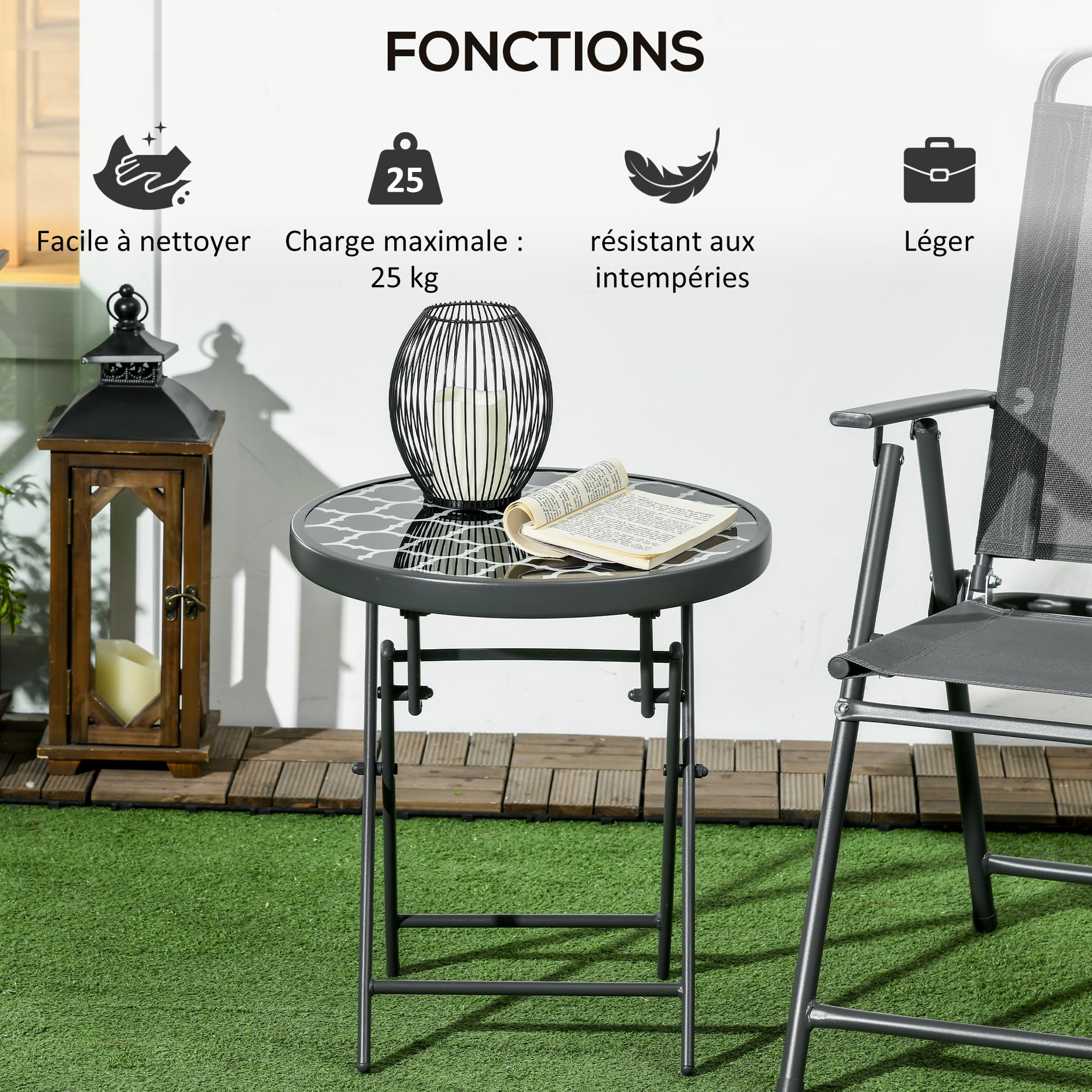 Outsunny Table Basse Pliante Verre trempé Métal Ronde 45cm Jardin Patio Balcon Noir Blanc