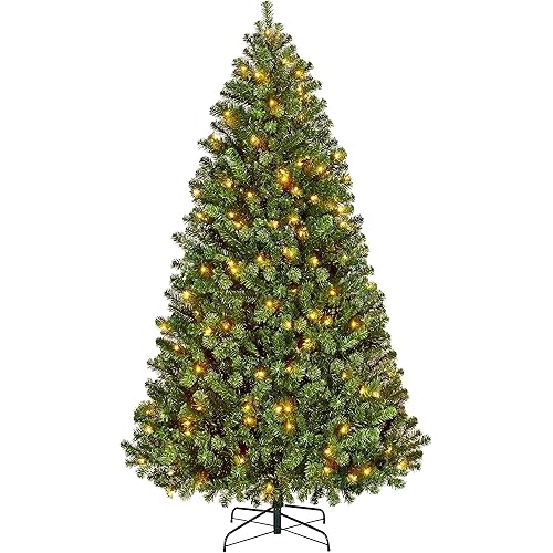 Yaheetech 6Ft Pre-lit Spruce Artificial Hinged Christmas Pine Tree Prelighted Holiday Xmas Tree for Home Party Decoration with 300 Warm White Lights and 818 Branch Tips, Green