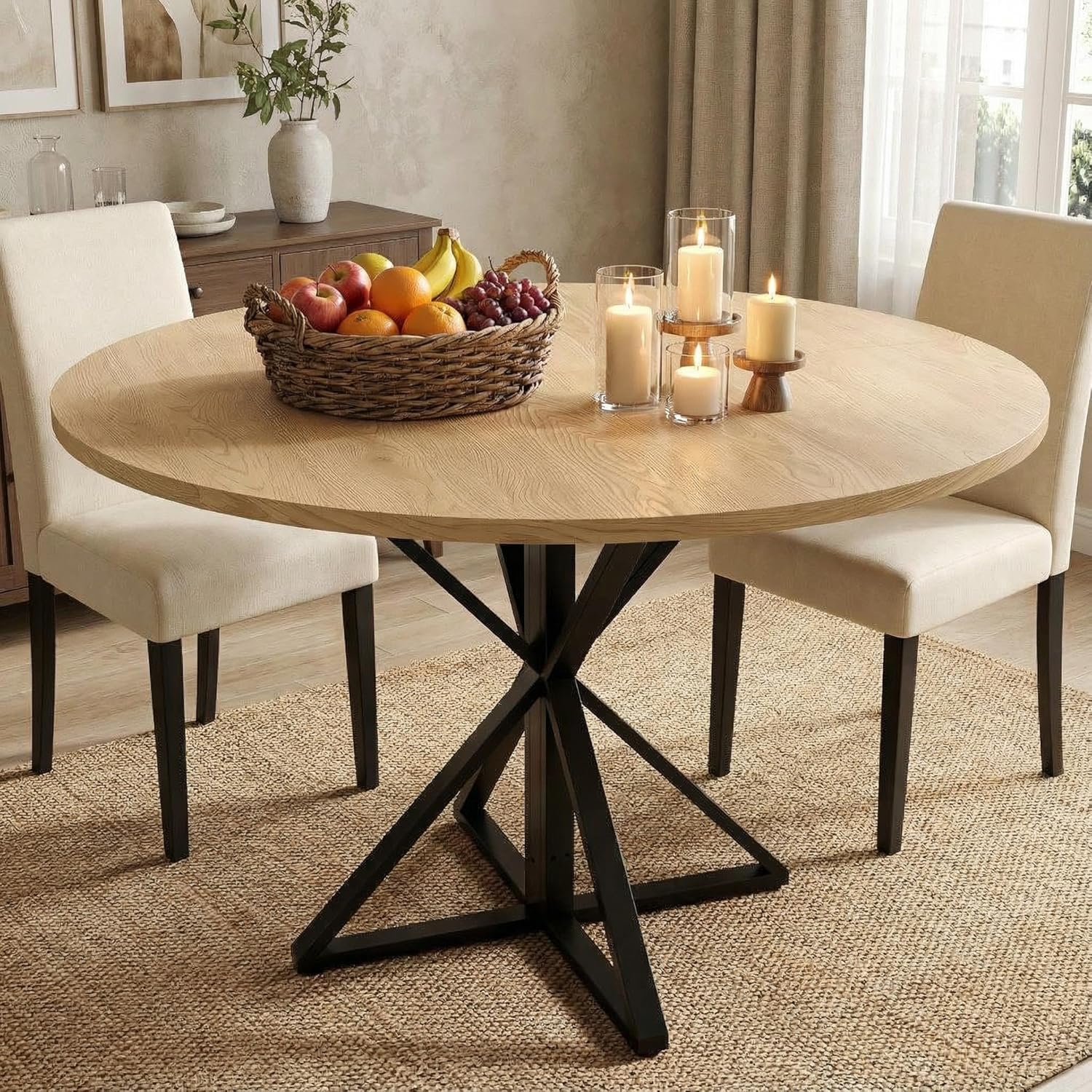 GarveeHome 47 Inch Round Dining Table for 4-6, Circle Kitchen Table with Pedestal Base, Farmhouse Wooden Dining Table for Small Spaces, Kitchen & Dining Room, Living Room-Oak/Only Table