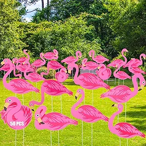 50 Pcs Pink Flamingo Yard Signs with 100 Stakes 8 Styles Patio Decoration Reversible Flamingo Lawn Signs Summer Beach Tropical Yard Stakes for Outdoor Garden Lawn Patio Walkway Party Favors