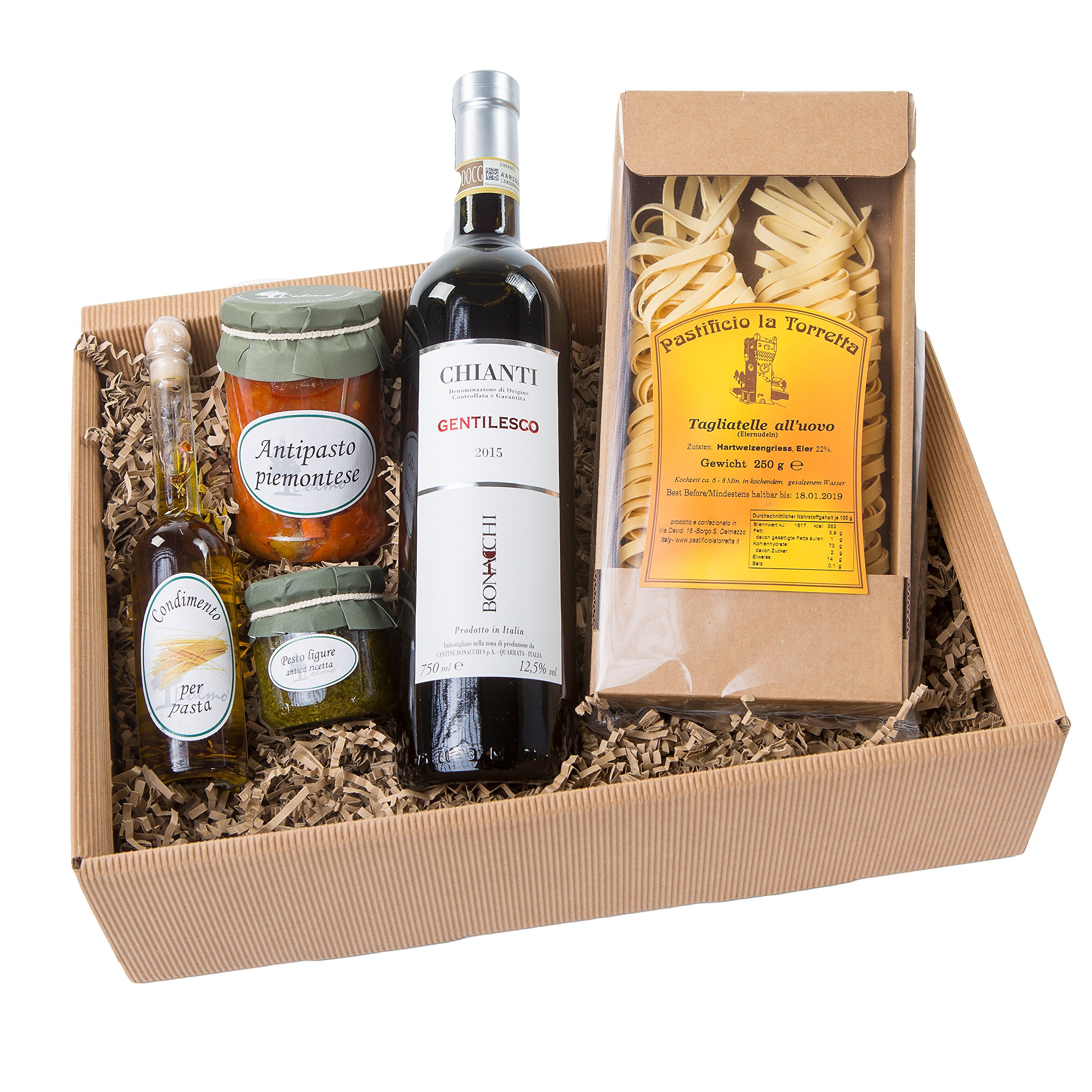 The Wine Guys Geschenk-Set Präsentkorb Tavola Italiano Piemonteser Feinkost Chianti Antipasti Pesto Ligure Würzöl 75 cl
