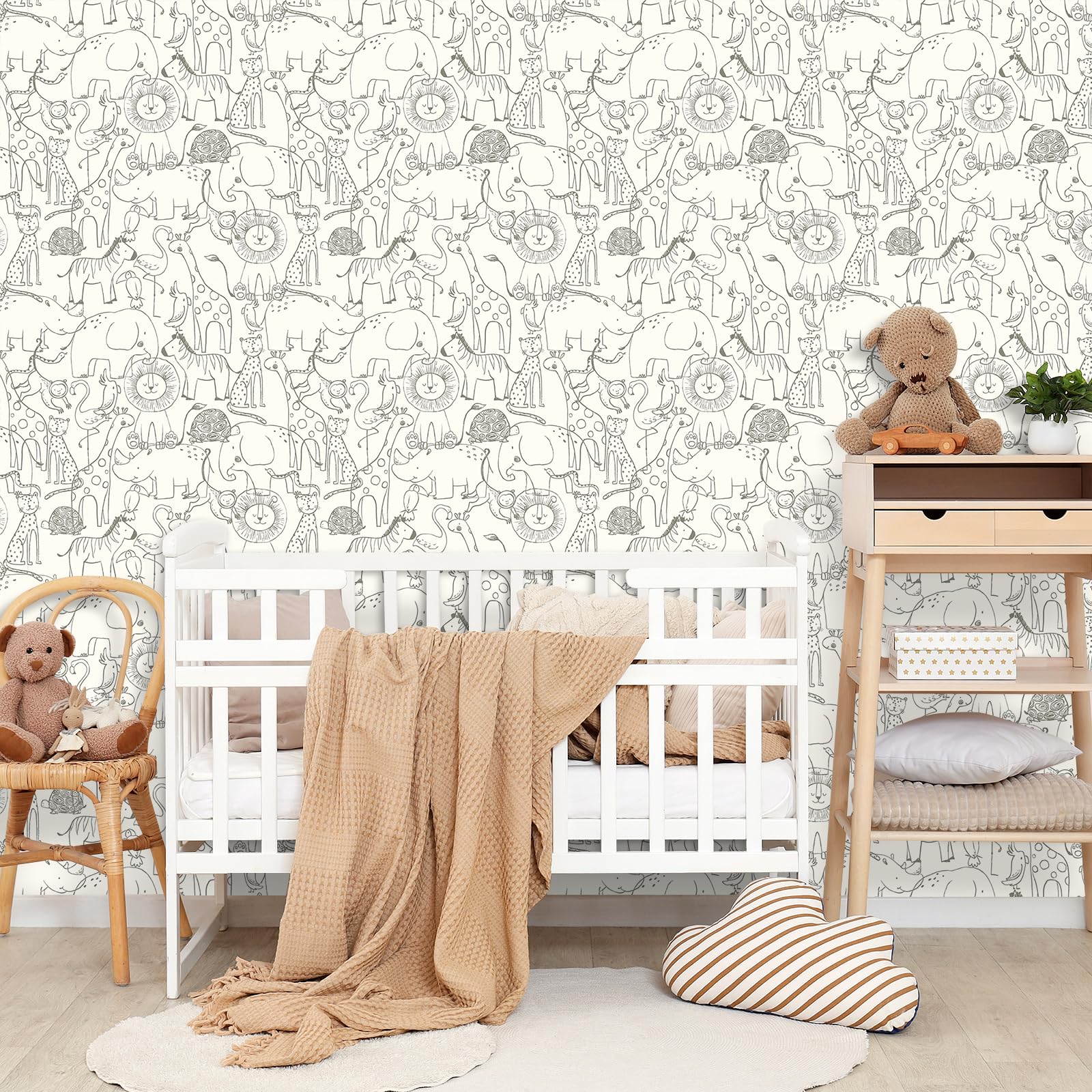 Livelynine Papel Pintado Pared Infantil Animales 44.5CMx7M Papel Adhesivo Pared Beige con Dibujos Animales Zoológico Dormitorio Infantil Neutro Vinilos Adhesivos para Muebles Infantiles Niña Niño