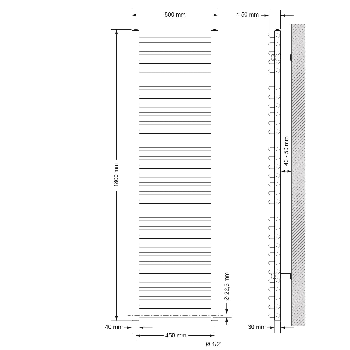 ECD Germany Radiador de baño Eléctrico - 500 x 1800 mm - Blanco - Curvado con conexión Lateral - Radiador Calentador y secador de Toallas - 900W - Radiador Calefactor de baño - Incluye Kit de Montaje