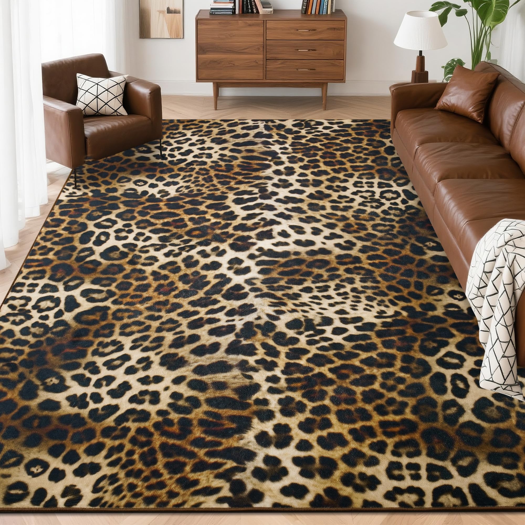 Foxmas Leopard Area Rugs for Living Room, 8x10 Feet Machine Washable Cheetah Print Rug, Non-Slip Indoor Floor Animal Rug, Carpet for Bedroom Dining Room Laundry Room Kitchen Home Office, Dark Brown