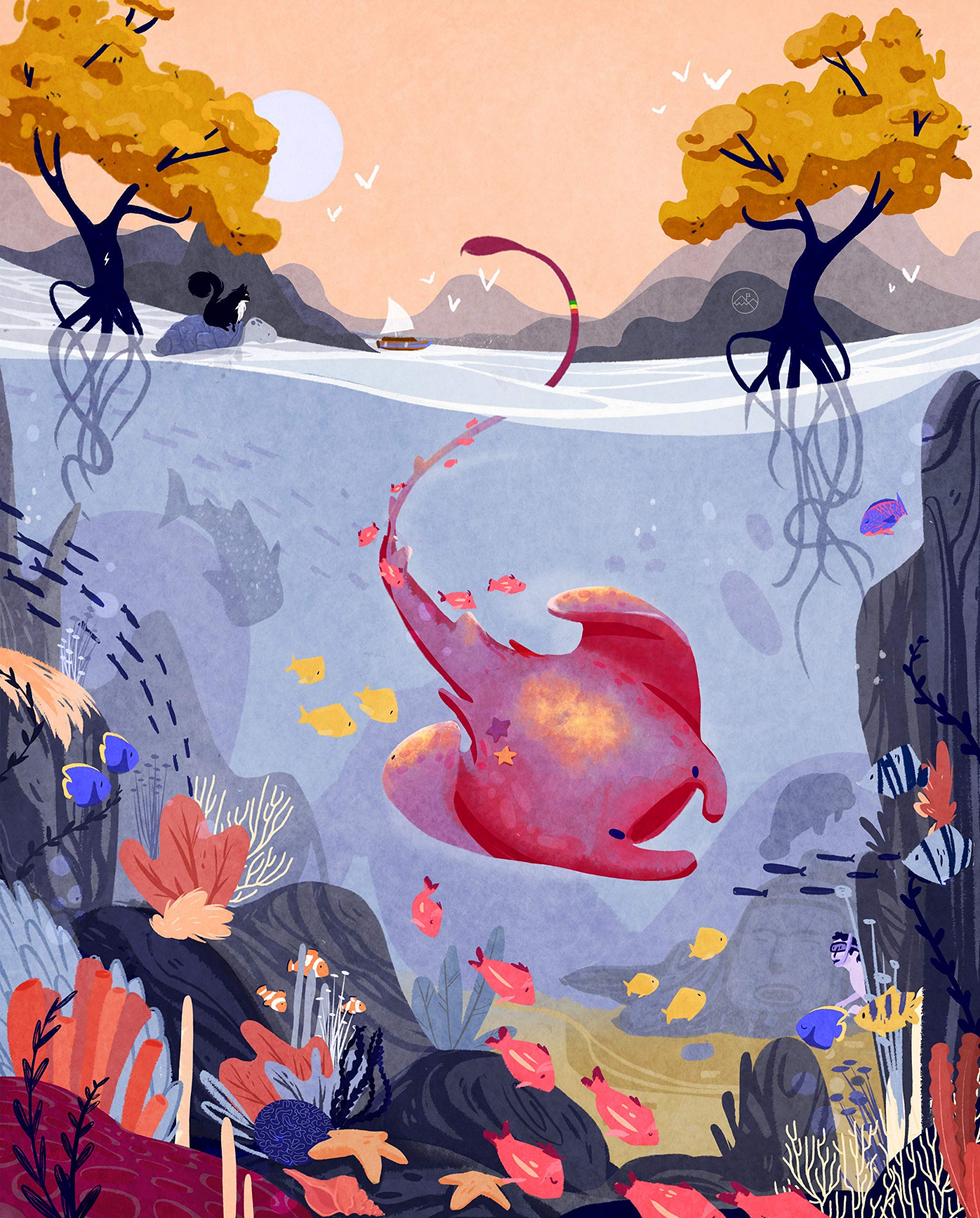 11x14 Underwater Ocean Art Print Sea Life Poster Manta Ray Print Coral Reef Design Nursery Home Decor Studio Ghibli Print Nature Seascape Travel Underwater Beach Tropical Wall Art Illustration Fish