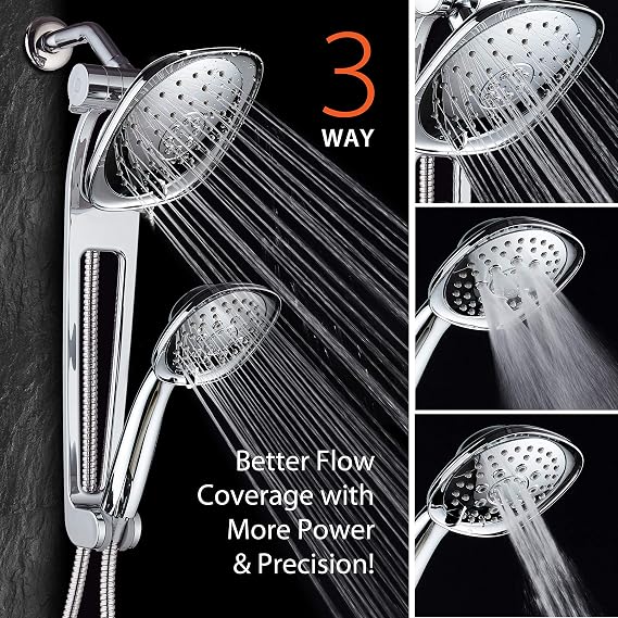AQUABAR High Pressure Square 3-way Luxury Spa Combo System with Adjustable 18 Extension Arm for Easy Reach & Mobility - Use 7.5 Rain & Handheld Shower Head Separately or Together/All-Chrome Finish