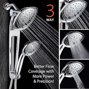 AQUABAR High Pressure Square 3-way Luxury Spa Combo System with Adjustable 18 Extension Arm for Easy Reach & Mobility - Use 7.5 Rain & Handheld Shower Head Separately or Together/All-Chrome Finish
