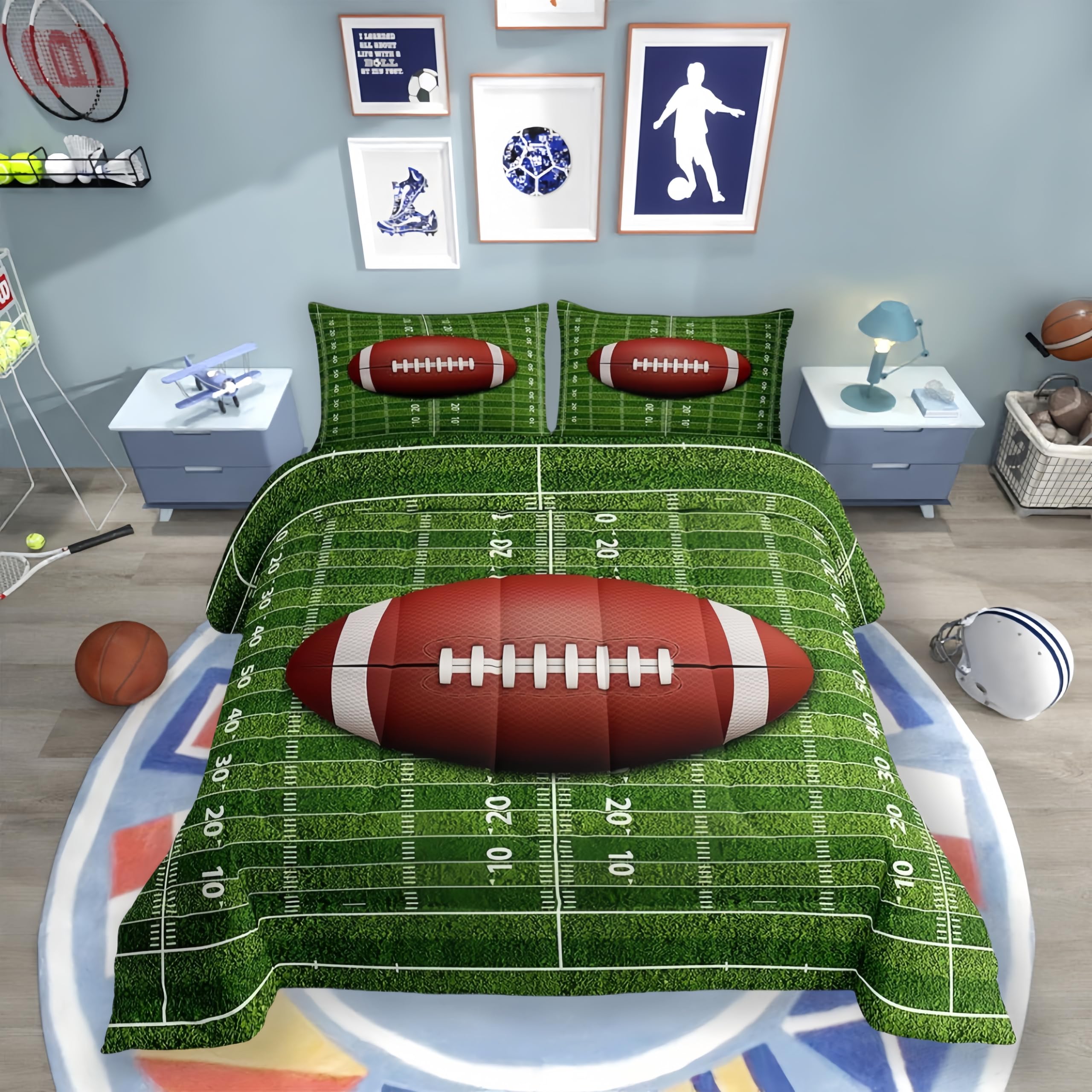 American Football Comforter Set Queen,Football Field Abstract Bedding Set 3pcs for Kids Teens Boys Girls Adults Room Decor,Soccer Sport Game Quilt Set Green Brown Duvet Insert with 2 Pillowcases