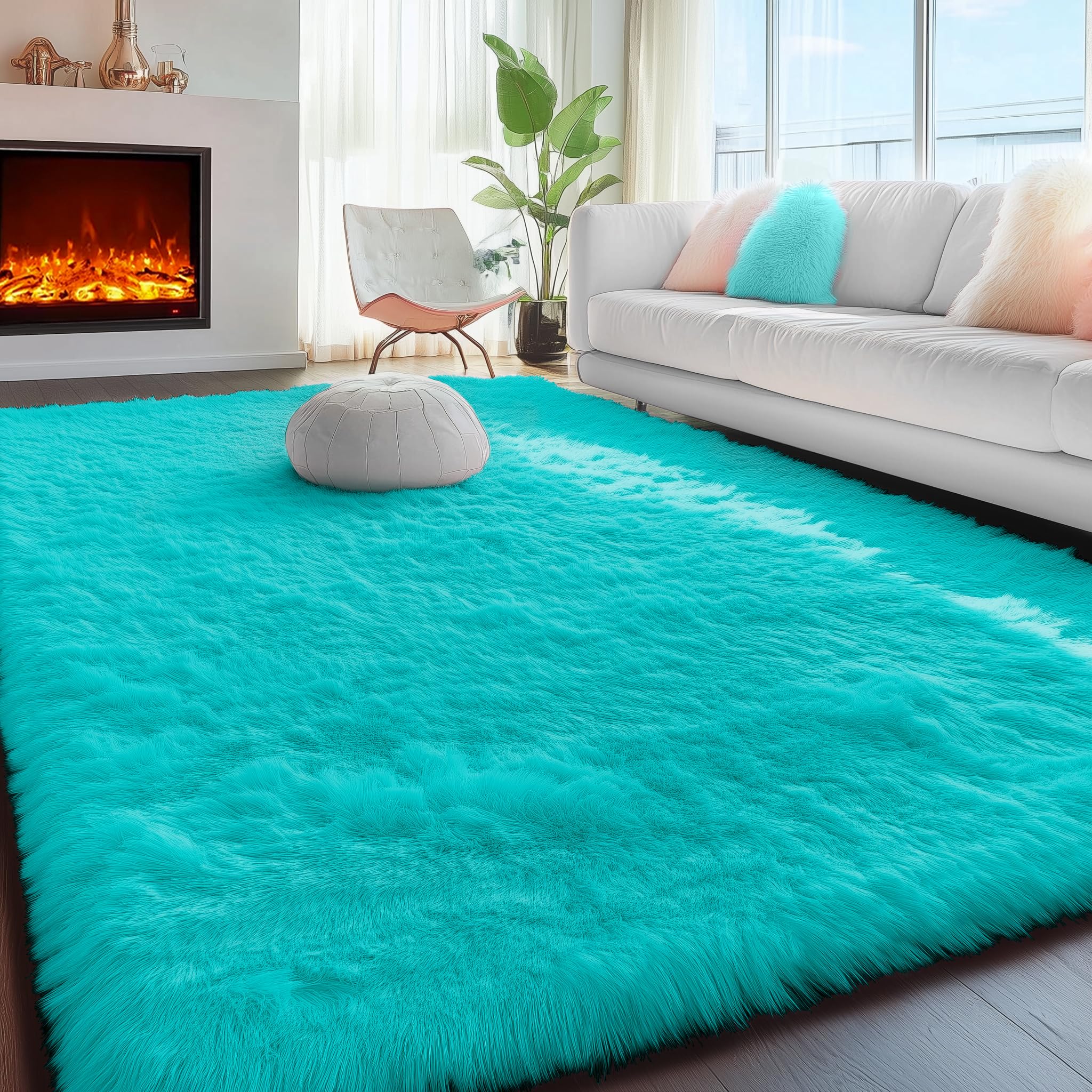 PAGISOFE Soft Fluffy Teal Area Rugs for Bedroom Kids Room Living Room Rug Shag Furry Carpet for Boys Girls Room Modern Plush Decorative Nursery Rugs