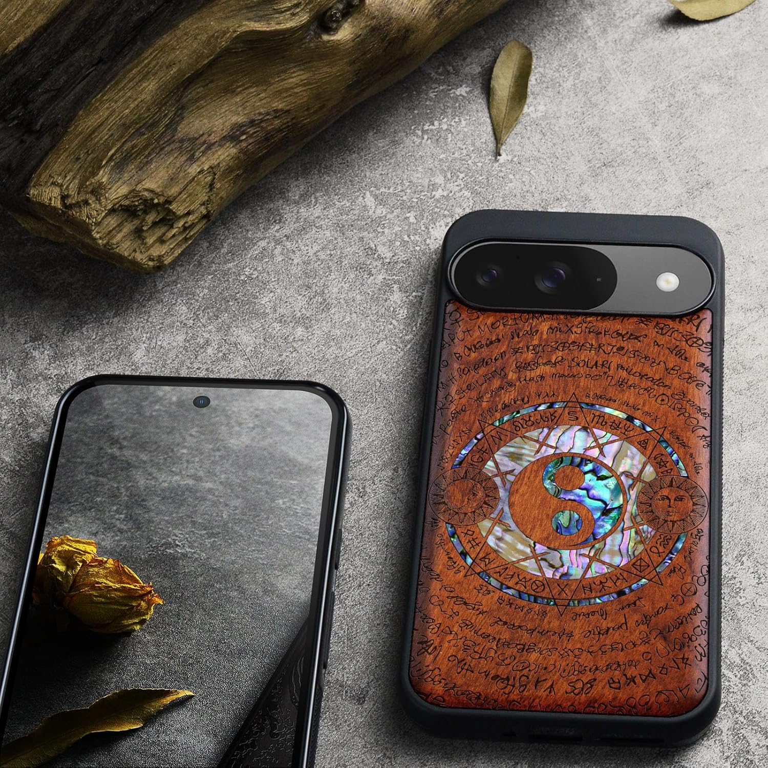Carveit Magnetic Wooden Case for Google Pixel 9 Case, Wood Artisan Engraved & Handmade Shell Inlaid, Compatible with MagSafe Wireless Chargers, Yin Yang and Octagonal Star - Rosy