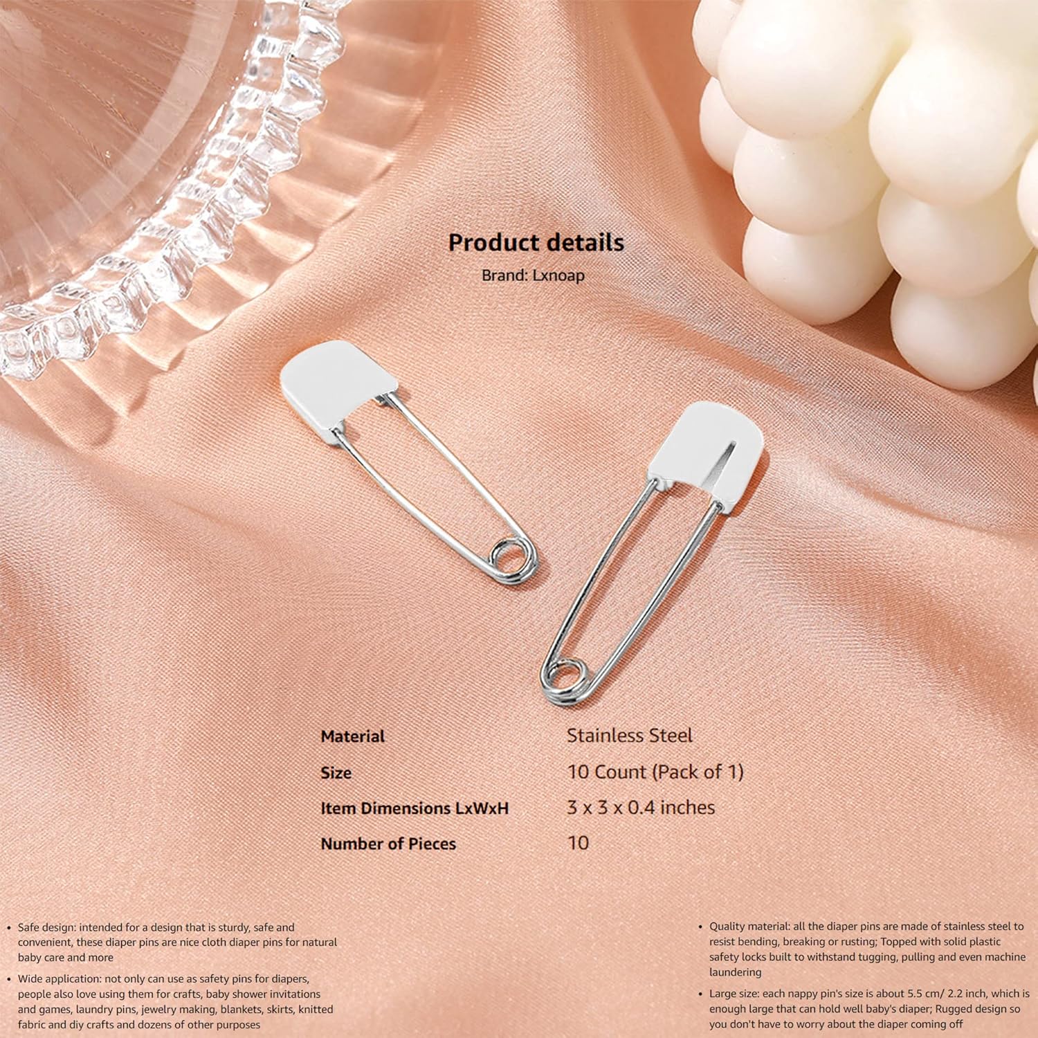 Lxnoap 10 pcs Cloth Diaper Pins Stainless Steel Traditional Safety Pin (White) : Baby