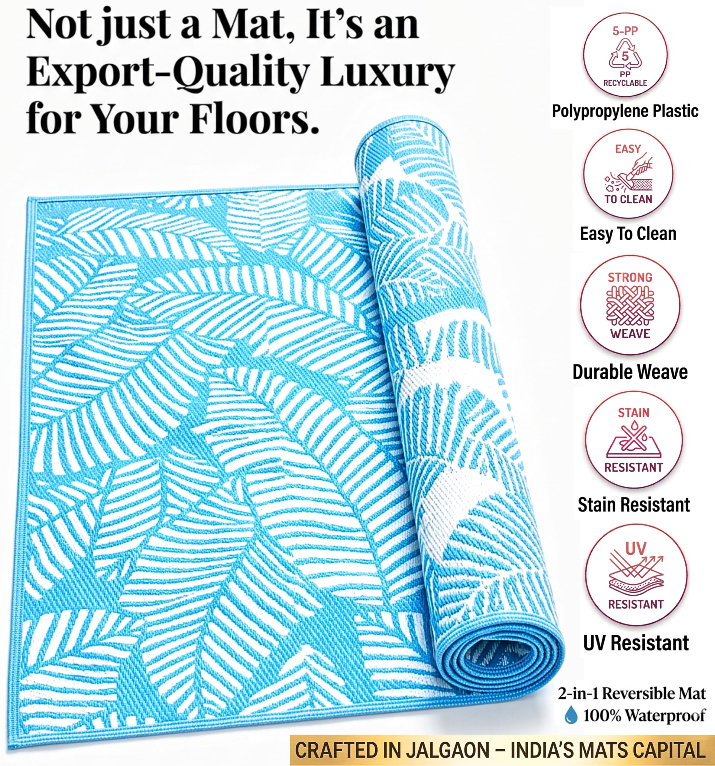 Leaf Design Mat - Blue & White Reversible Mat -3