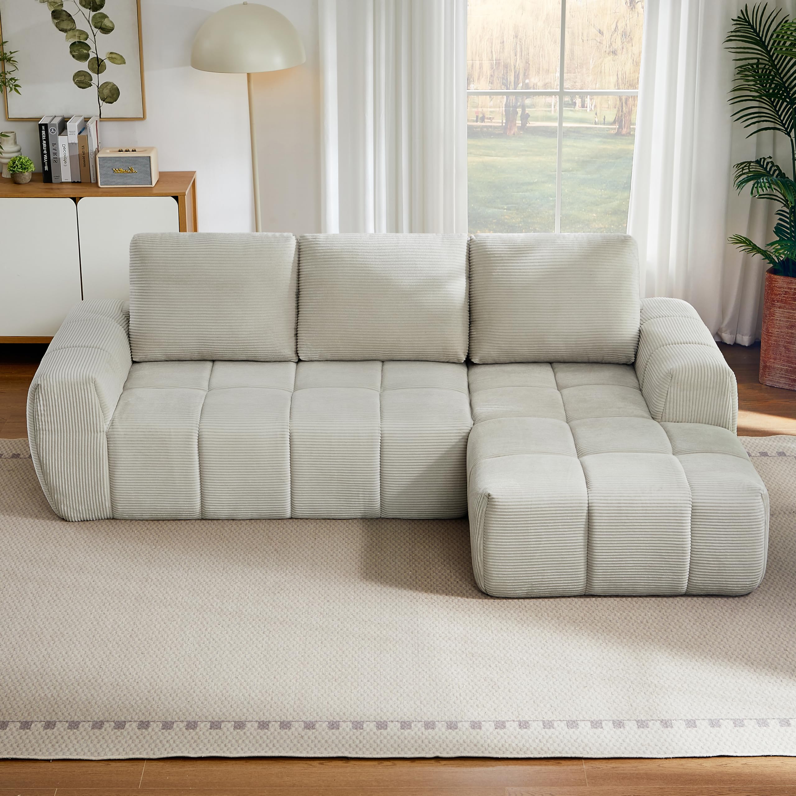 Divano letto a compressione, 255 cm, in velluto a L, con cuscino